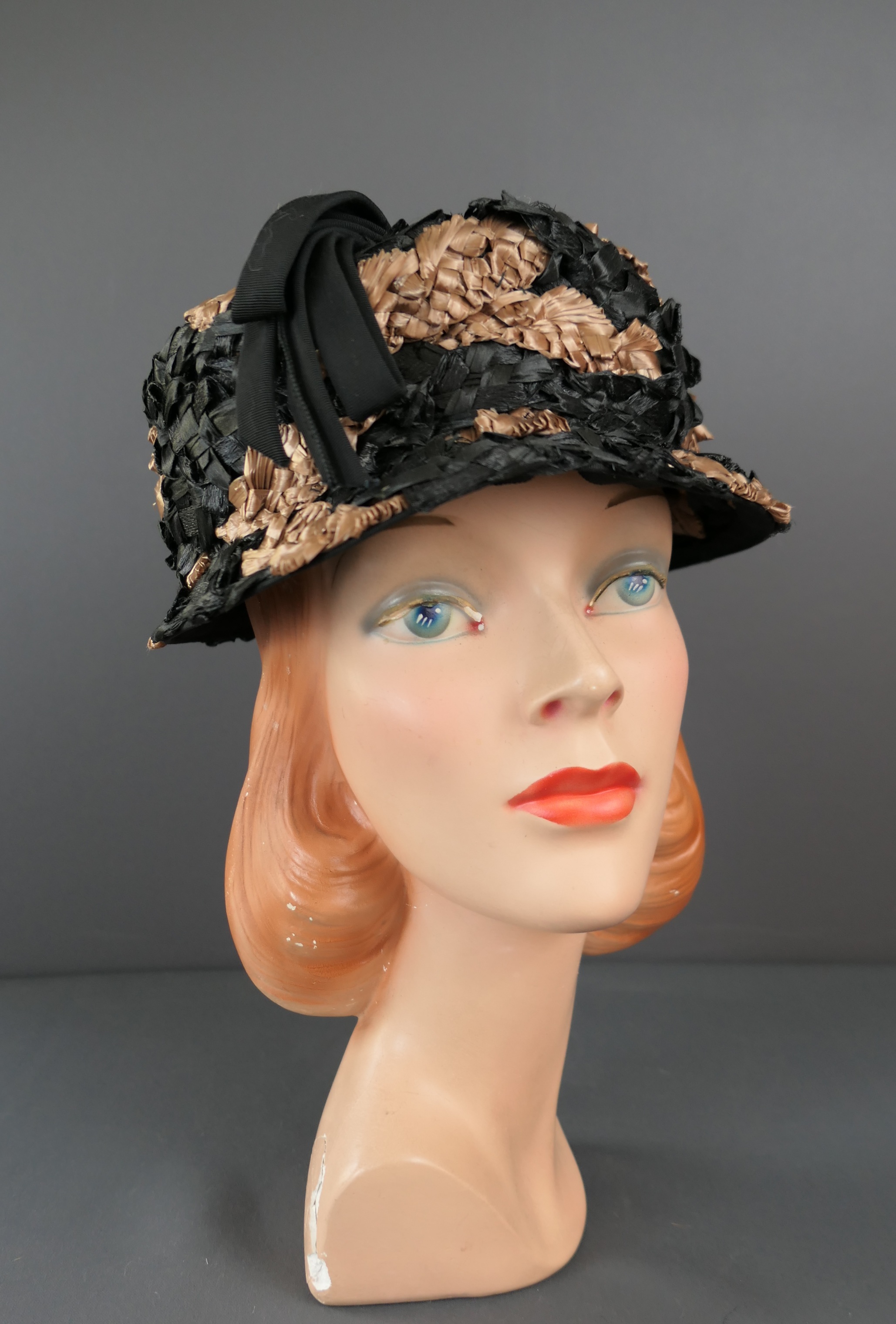 Vintage Black and Brown Straw Raffia Hat, 1960s with Ribbon, Frances Adams, 22 inch head