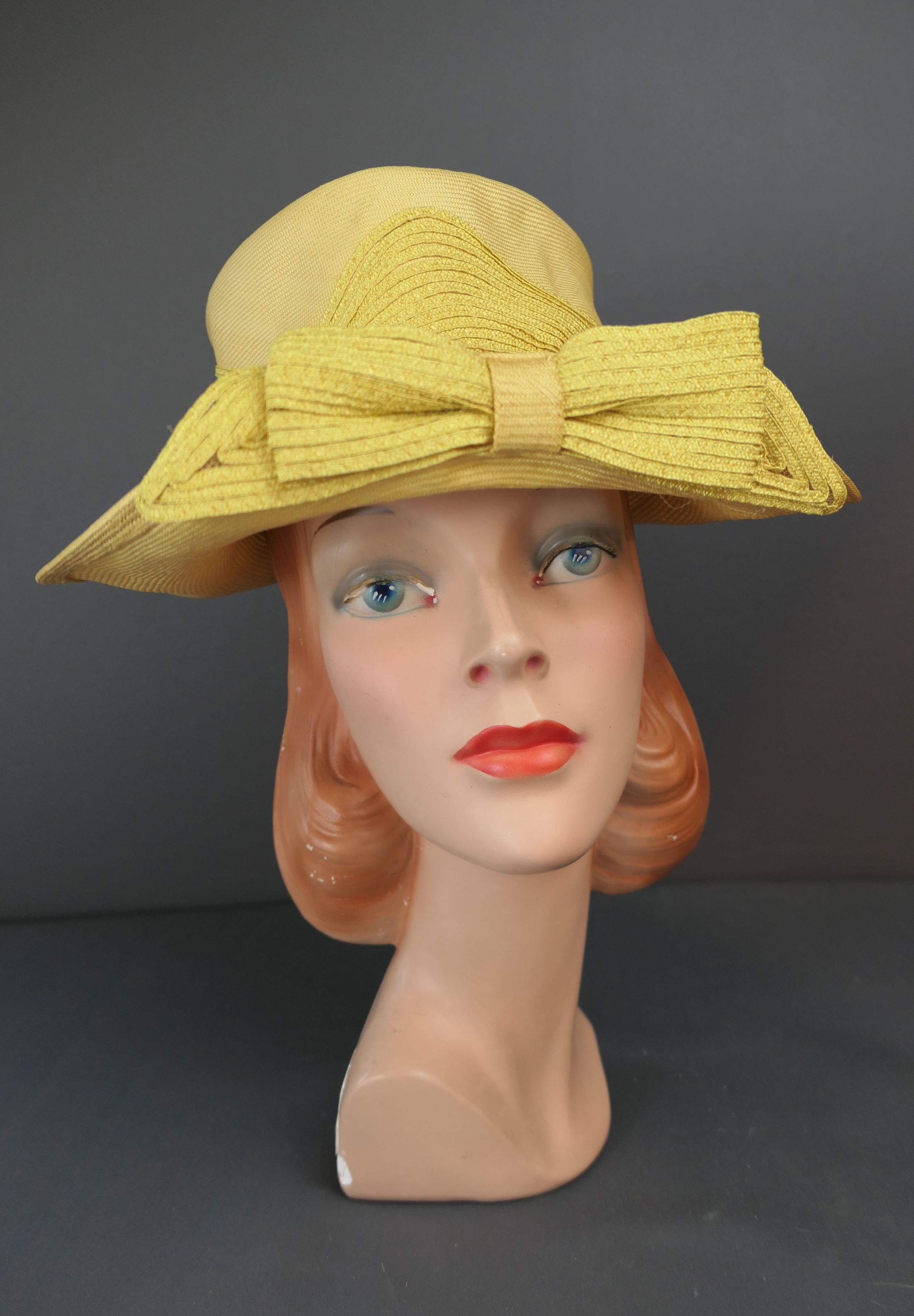 Vintage Yellow Straw Hat Wide Floppy Brim with Bow, 21 inch head, 1960s