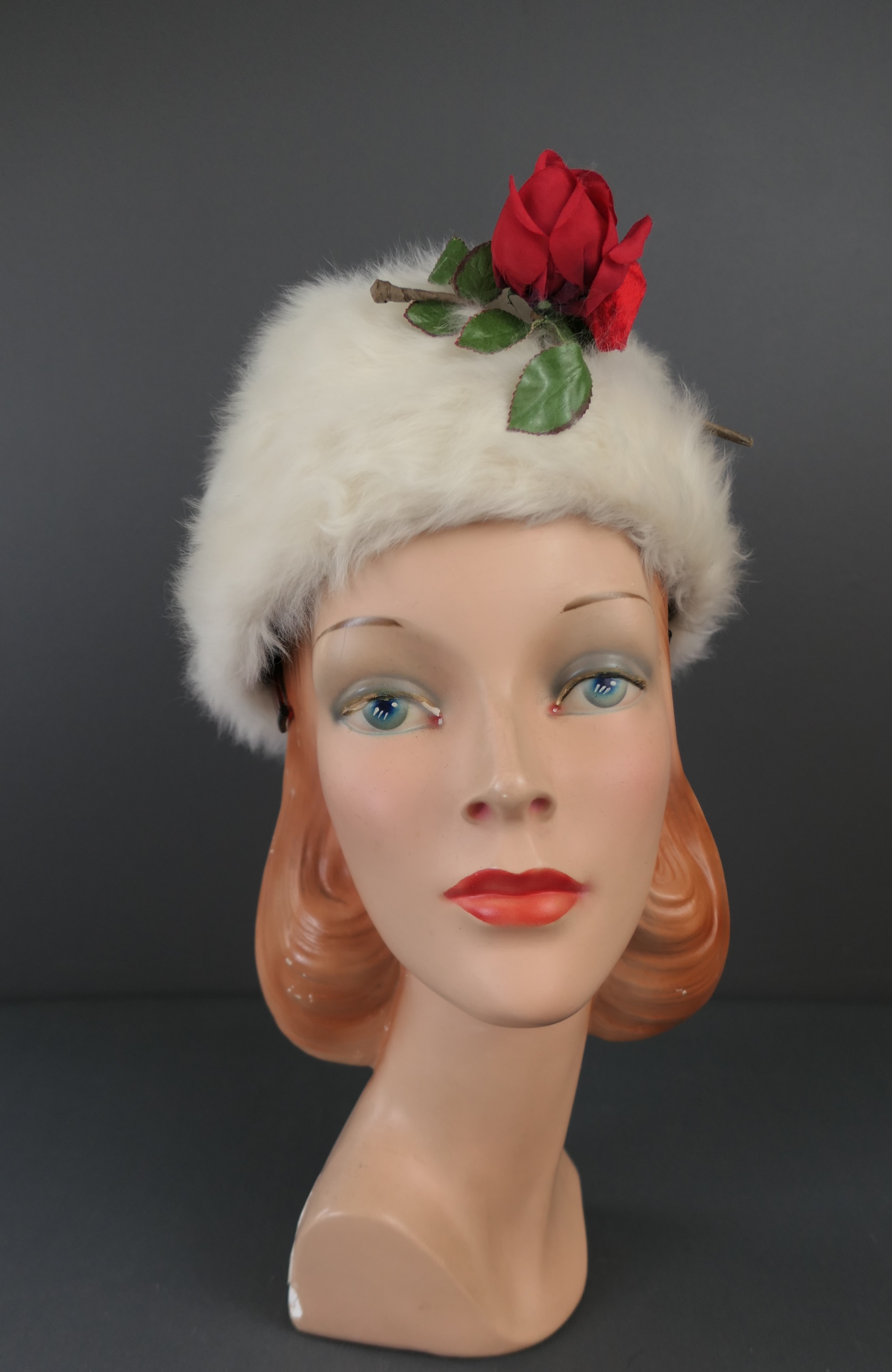 Vintage Super Plush White Hat with Red Rose, 1960s, 22 inch head, Winter, Smartwear Emma Lange