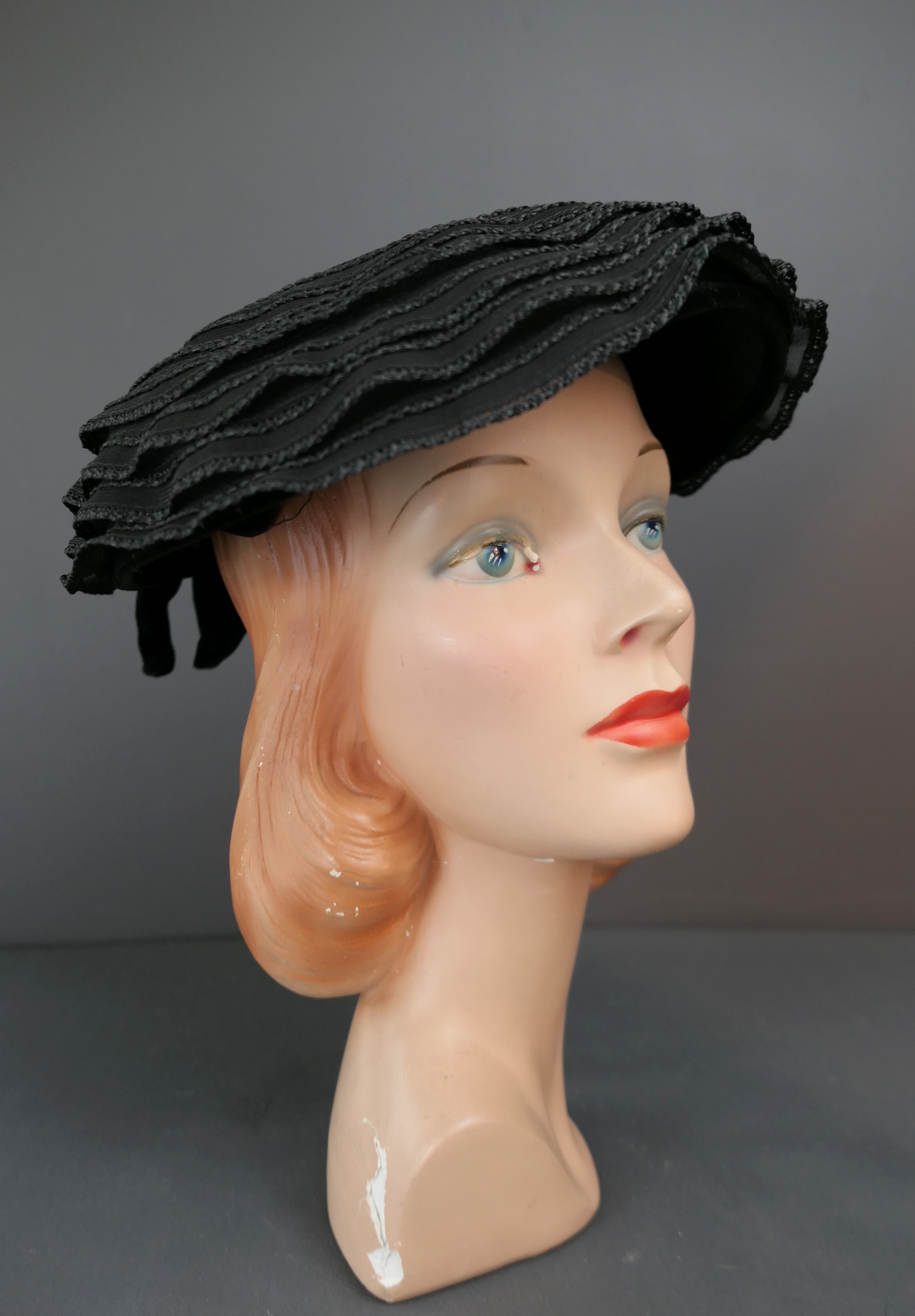 Vintage 1950s Black Mesh Mushroom Hat Velvet and Layered Mesh and Straw, 22, Modern Miss