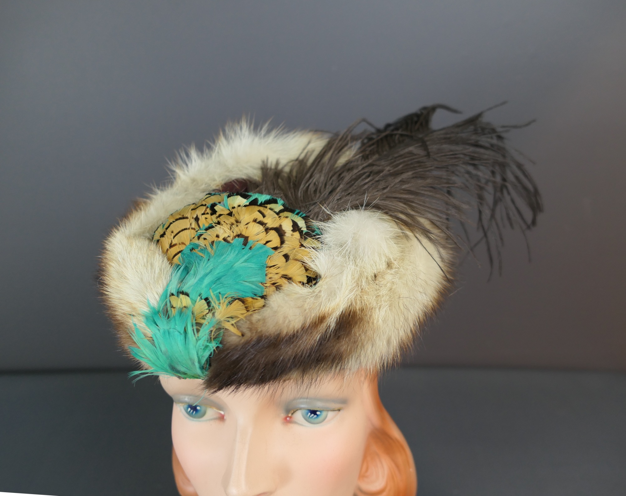 Rare Vintage Women’s fashion hats fur, green velour, brown velour, Black & Gold Ladies Antique Edwardian Circa 1910 Black Beaver Fur Hat  main image 3