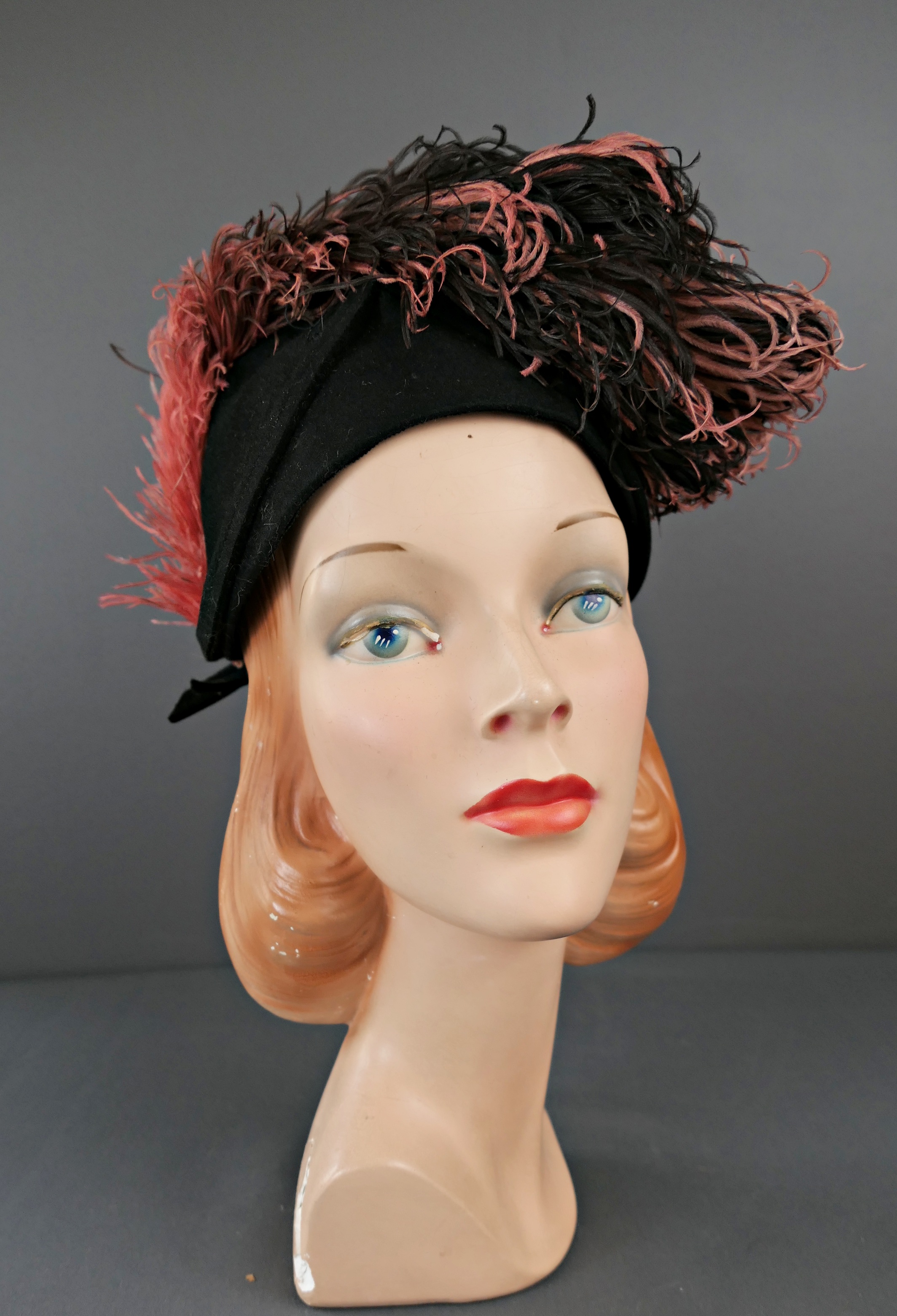 Vintage 1940s Black Tilt Hat with Large Feather Plume, 22 inch head