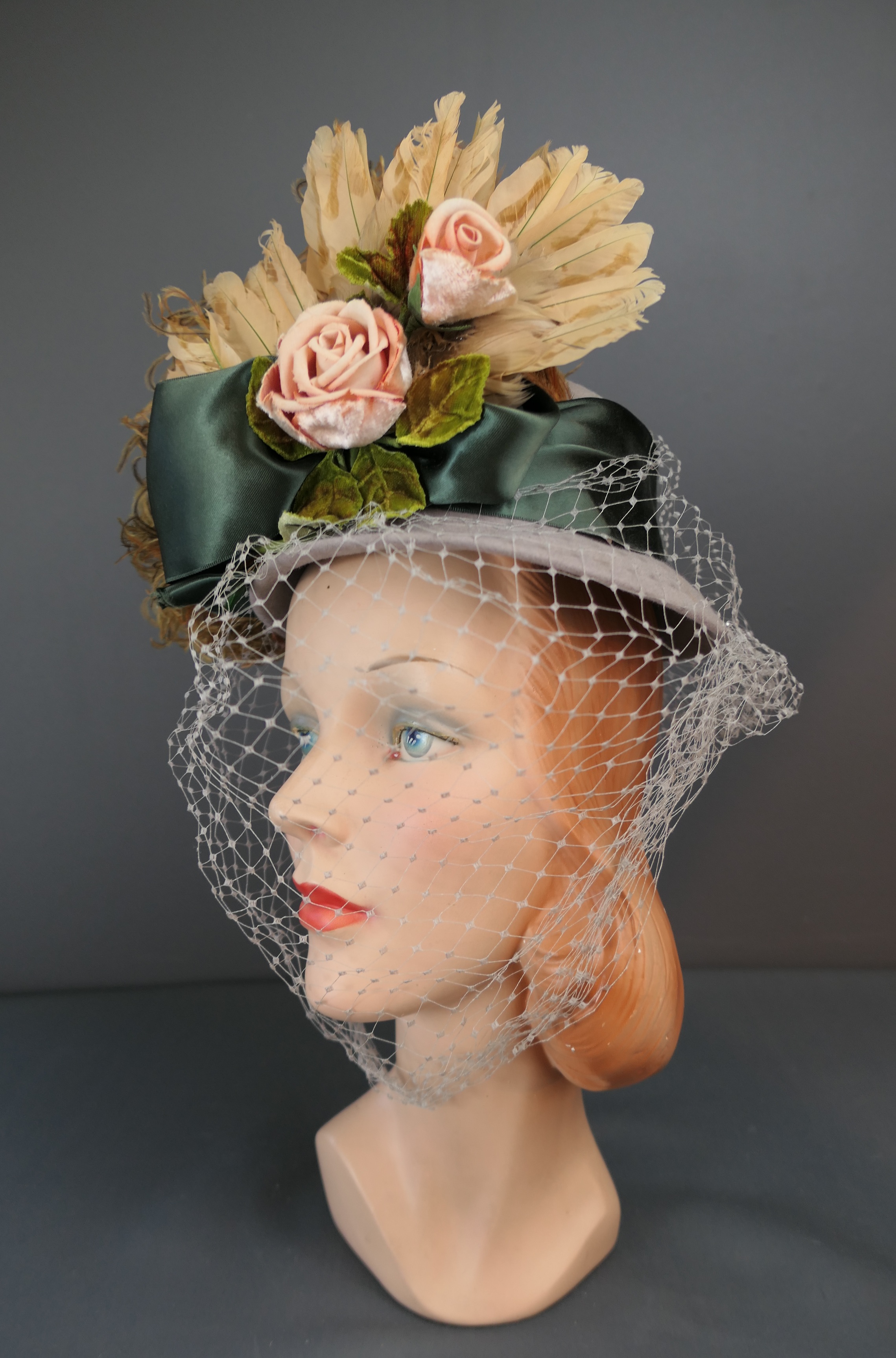 True Vintage 1940s Copper Ostrich Feather Tilt Hat 30s/40s Mini Tilt Hat - Black Top Hat Yellow Feathers  main image 2