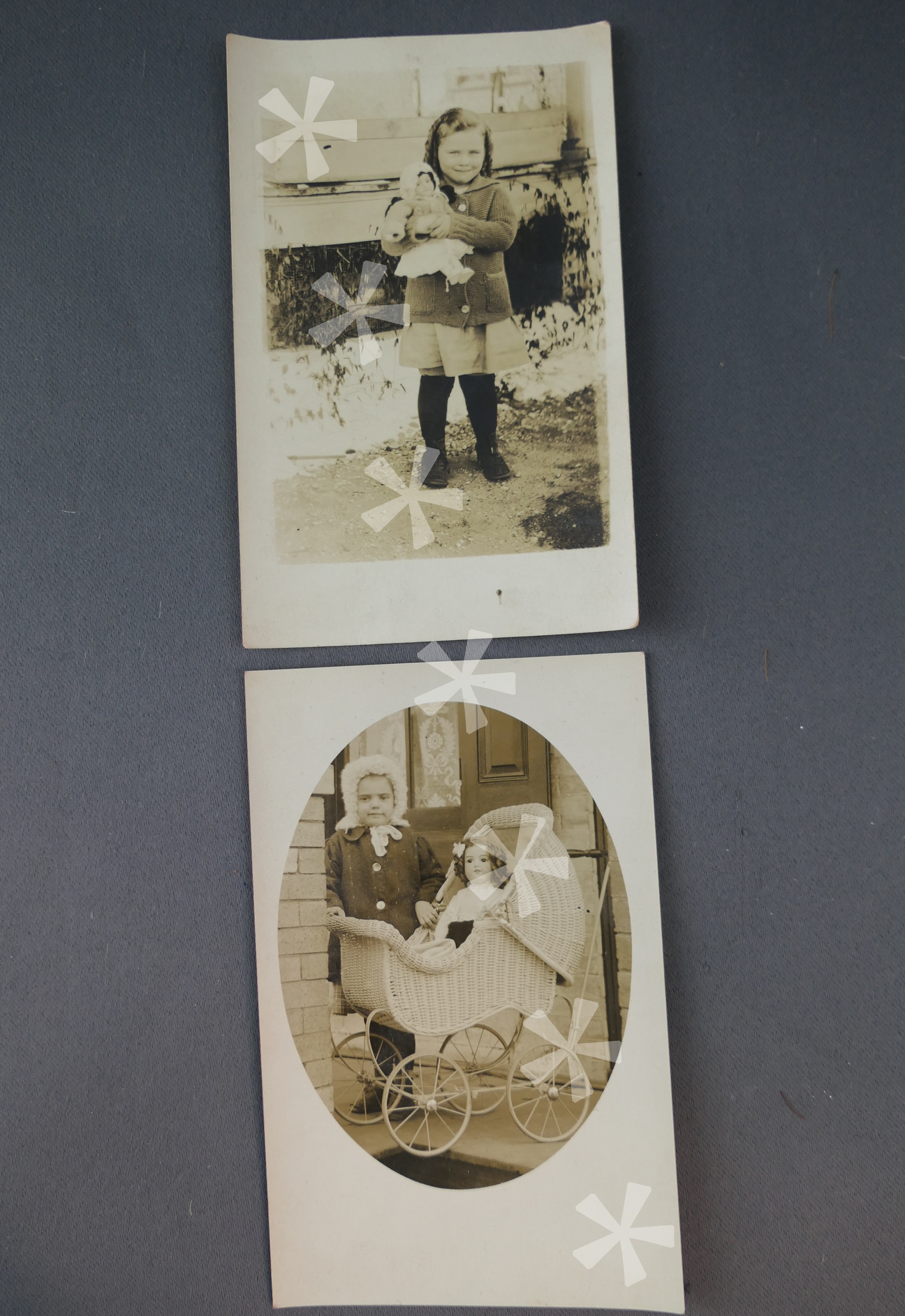 2 Vintage Photo Postcards, Little Girls with Antique Dolls 1920s