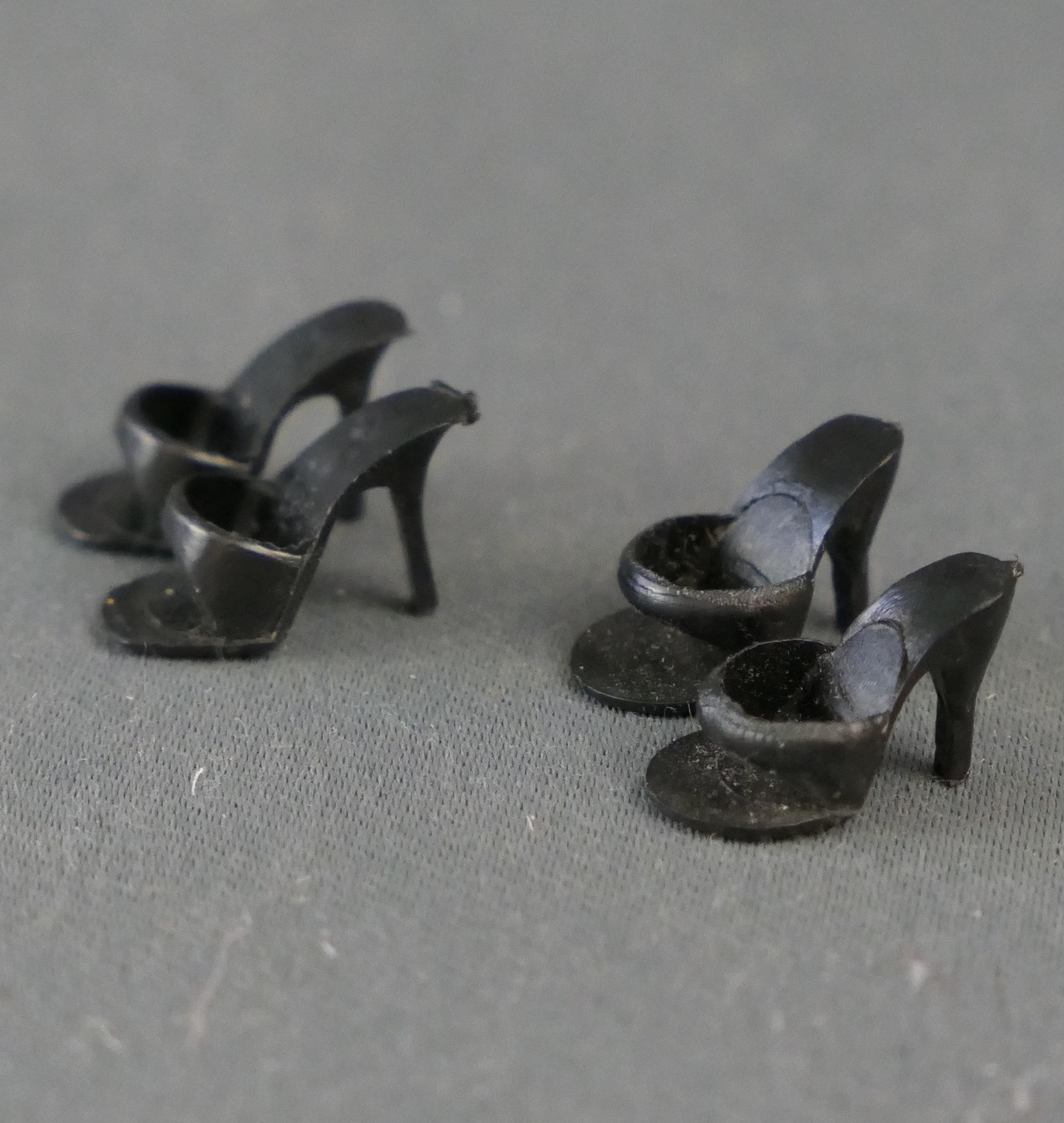 2 pairs of Vintage Barbie Black Shoes,  2 Styles, High Heels Mules