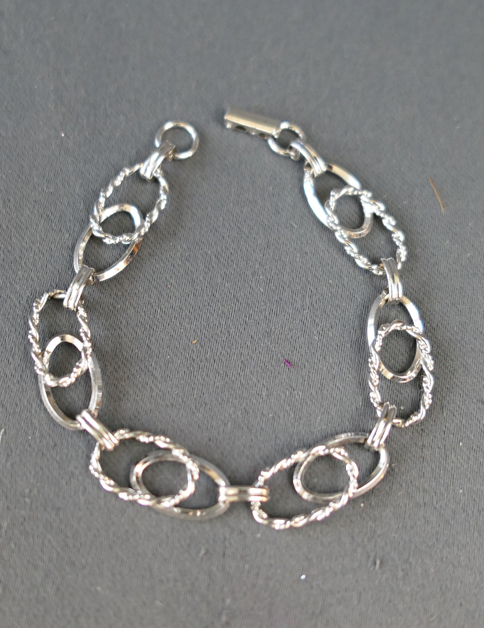 Vintage Sterling Silver Link Bracelet, Plain & Rope Links 7-1/4 inches