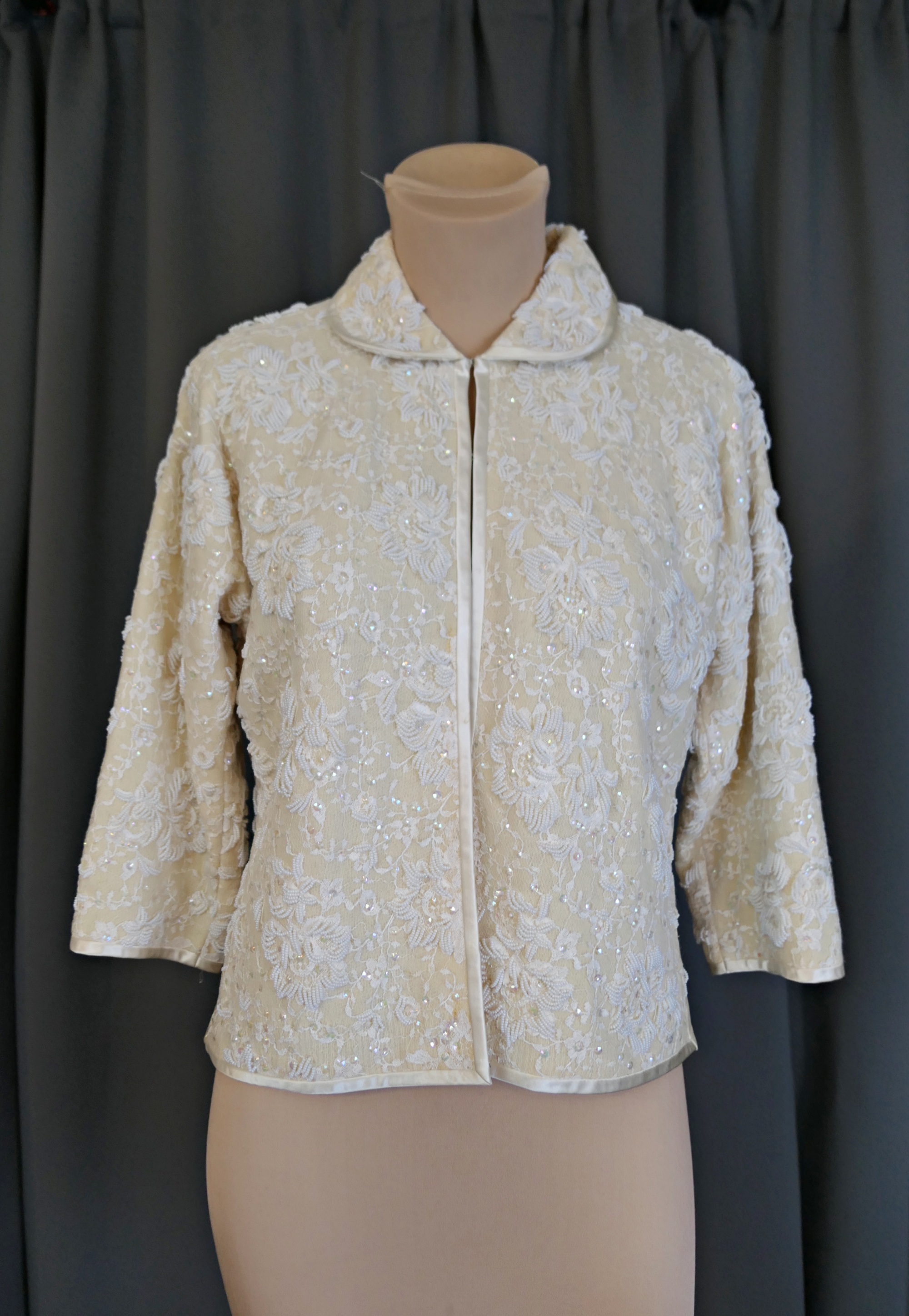 Vintage Ivory Beaded Lace and Wool Sweater 1960s, with Satin Trim, 38 inch bust