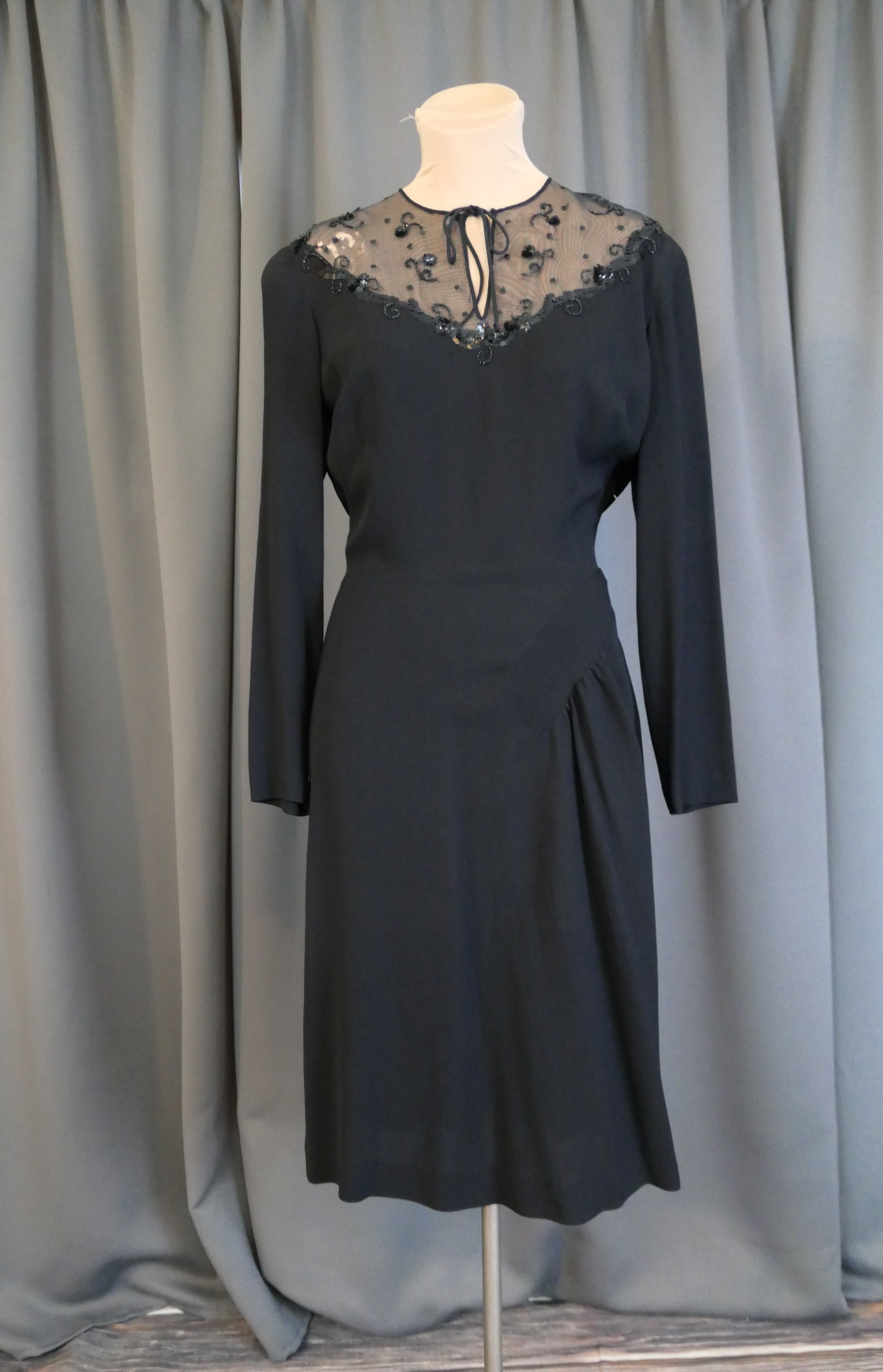 Vintage 1940s Black Evening Dress, Sequins & Beads, Sheer Shoulders, holes, fade, 38 bust