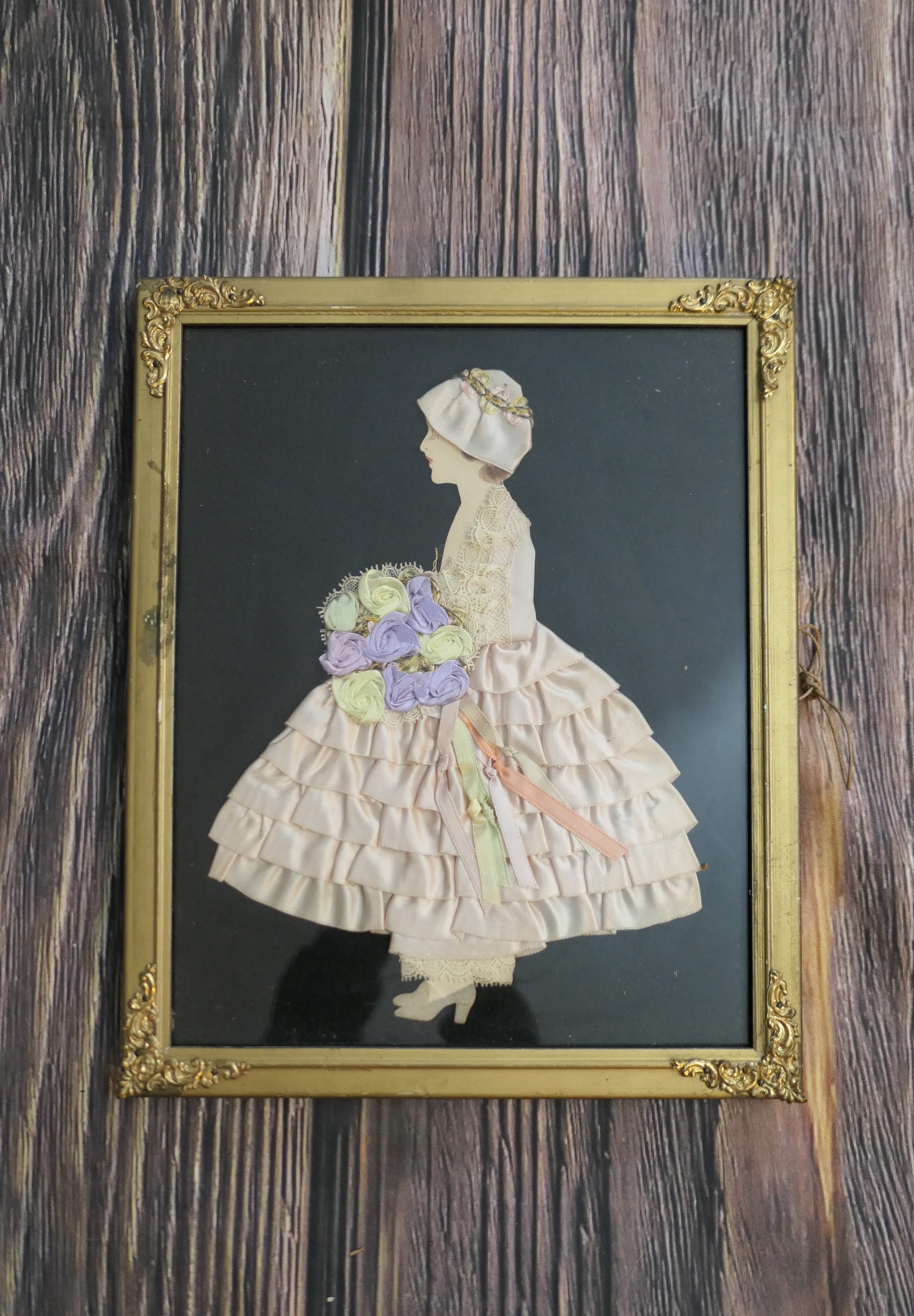 Vintage Ribbon Paper Doll 1940s Ivory Skirt with Lavender Flower Bouquet, 9x11 inches