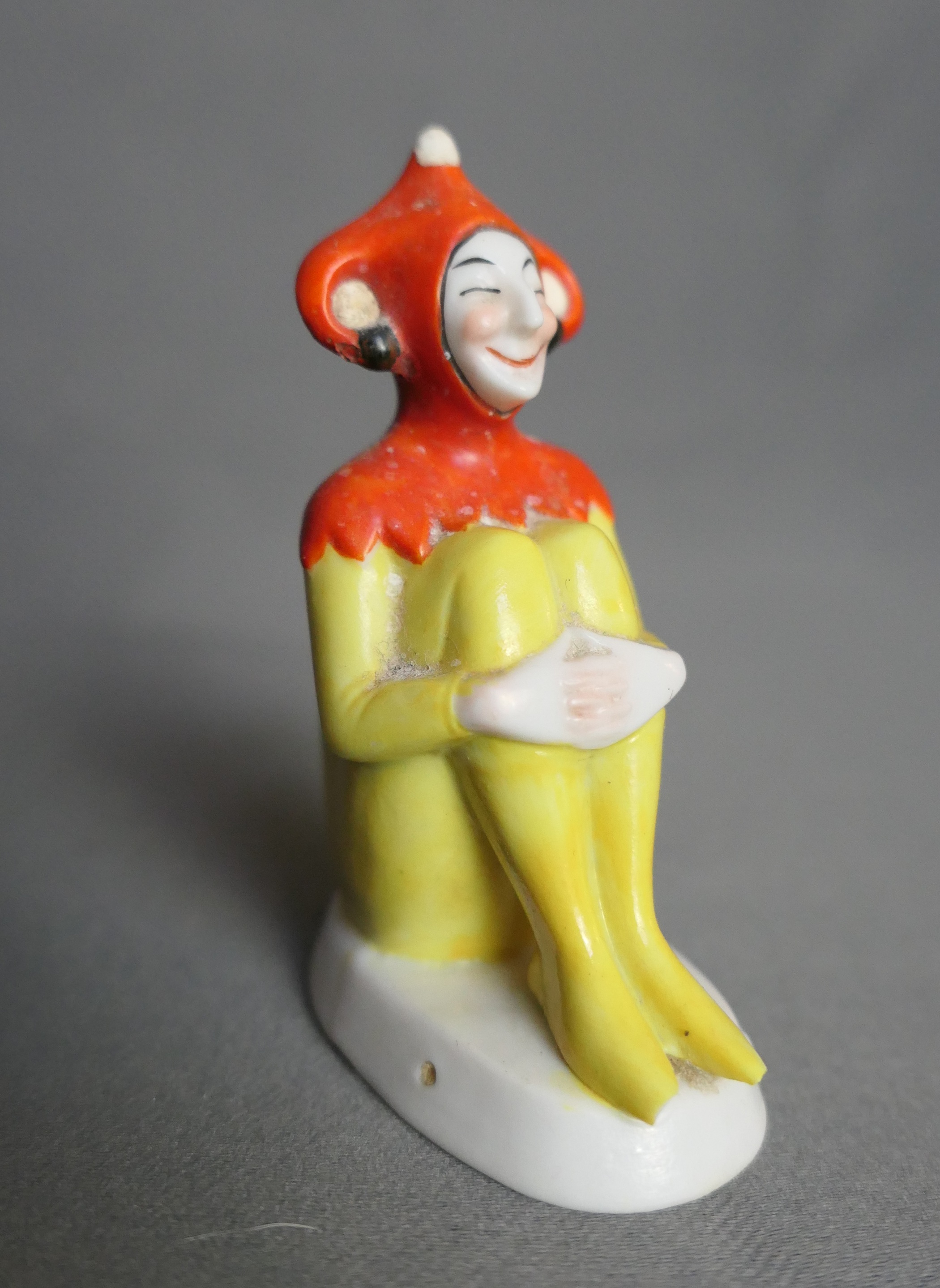 Vintage Sitting Jester Figurine, Pin Cushion Half Doll, 1920s, issues, 2.5 inches