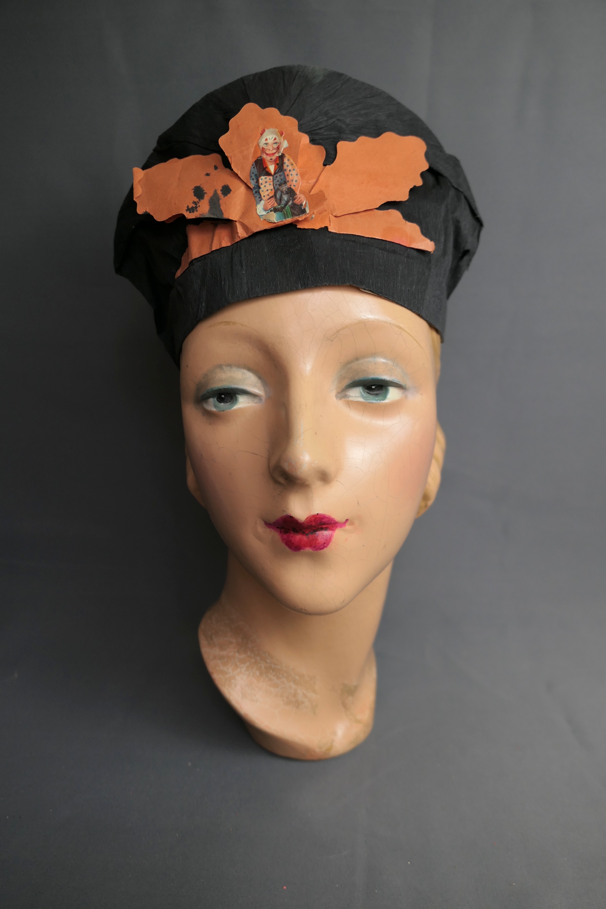 Vintage 1920s Crepe Paper Halloween Hat, Evil Clown with Monkey, Germany