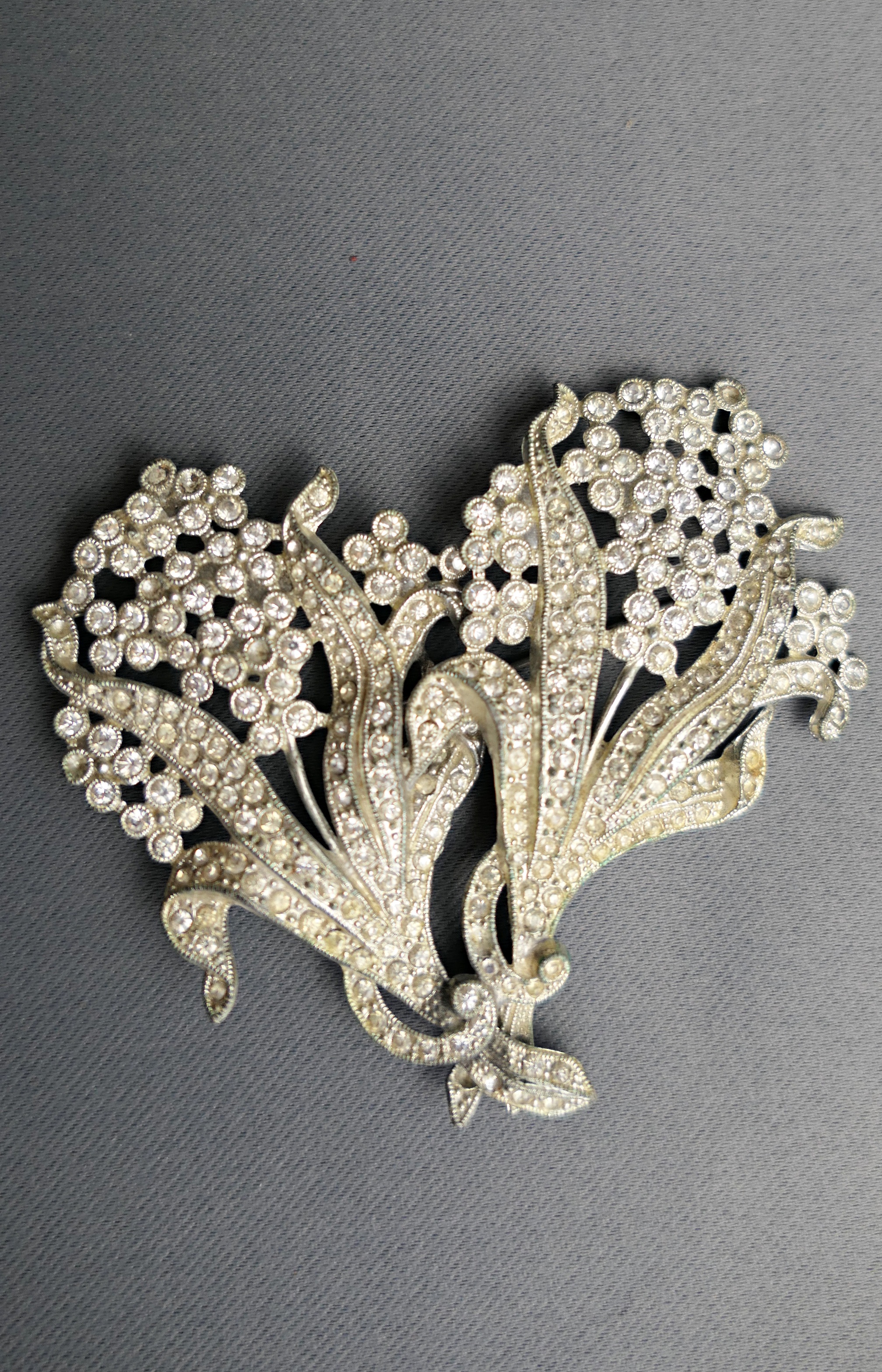 Large Vintage Rhinestone Pendant, Broken Brooch, Art Deco 1930s Flowers Bouquet