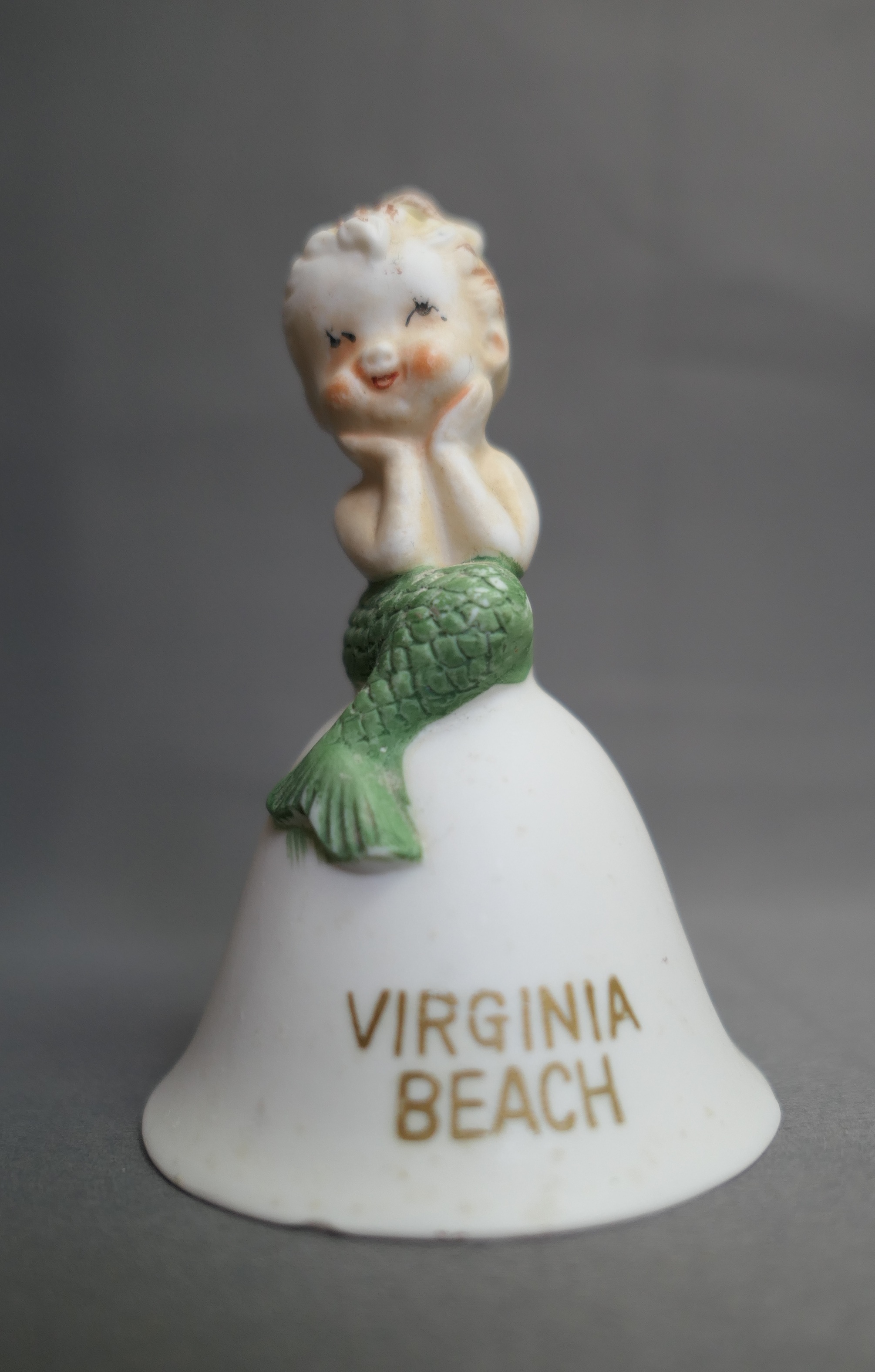 Cute Vintage Mermaid Bell Virginia Beach Souvenir, bisque, 1950s 1960s, paint loss