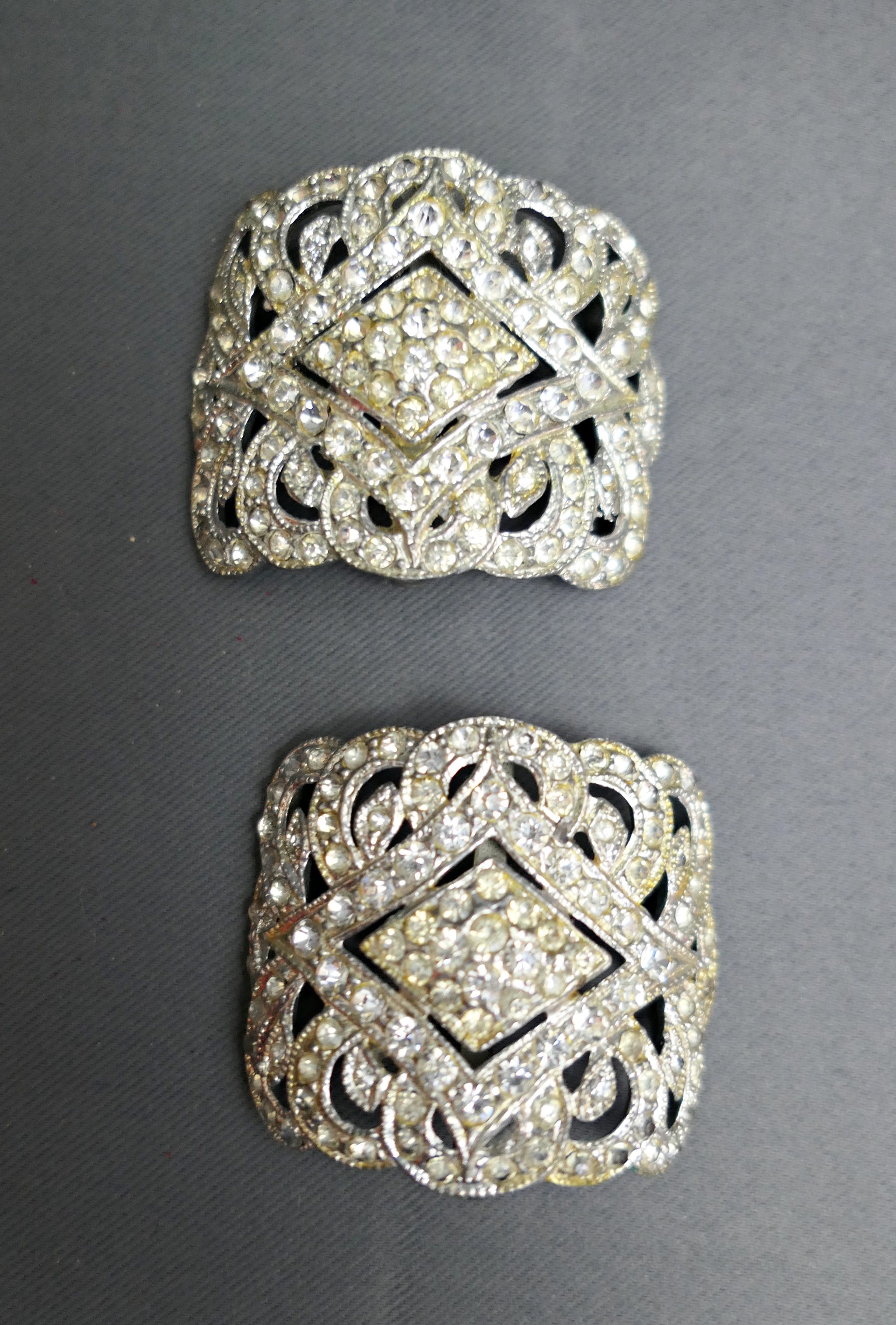 Vintage Pair of Rhinestone Shoe Clips, 1920s Deauville Art Deco, Decorative Buckles, Paste