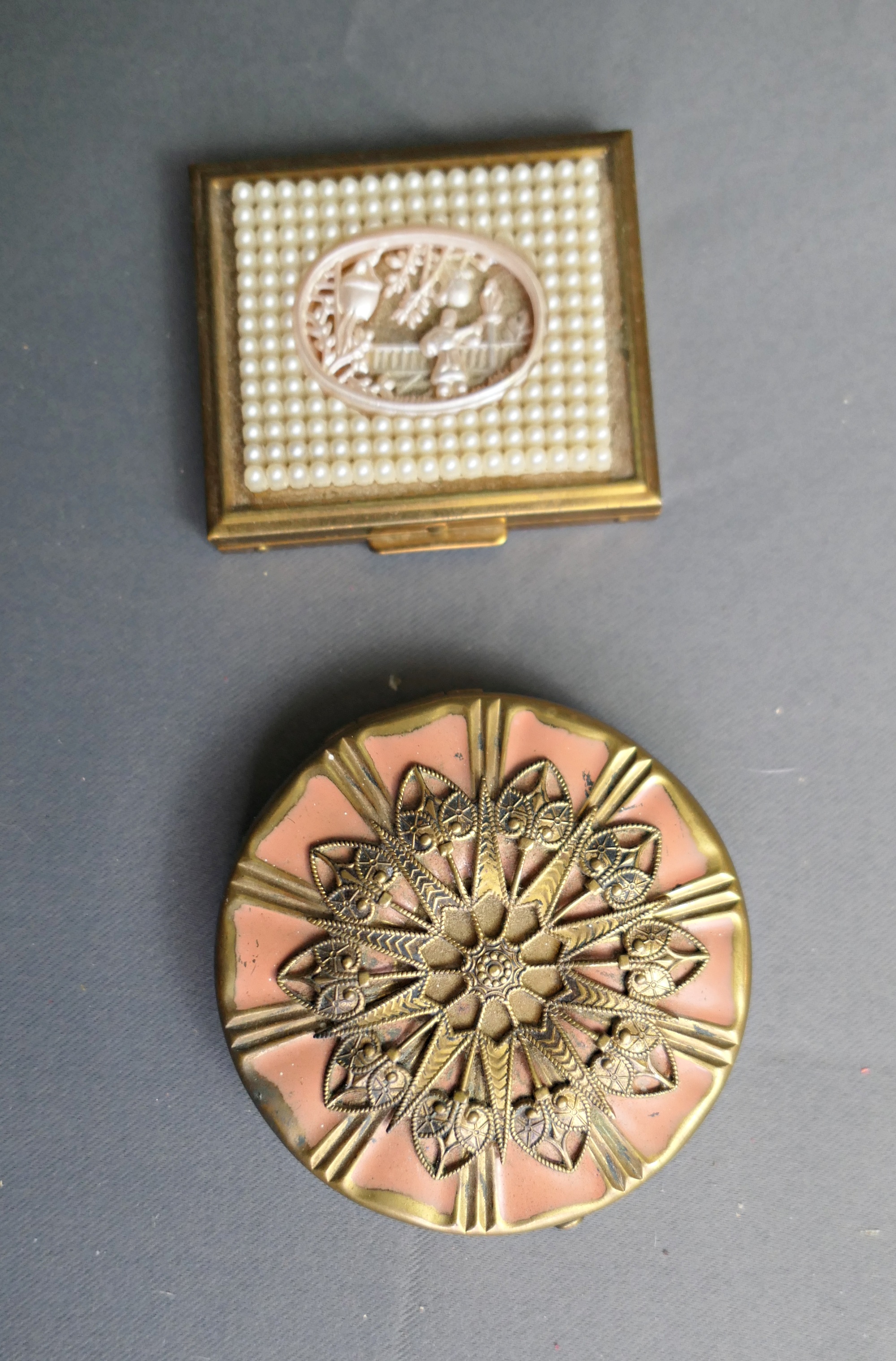 2 Vintage Compacts  1930s 1940s, Faux Pearl with Asian Scene, Peach Enamel with Gold Filigree, make-up, powder