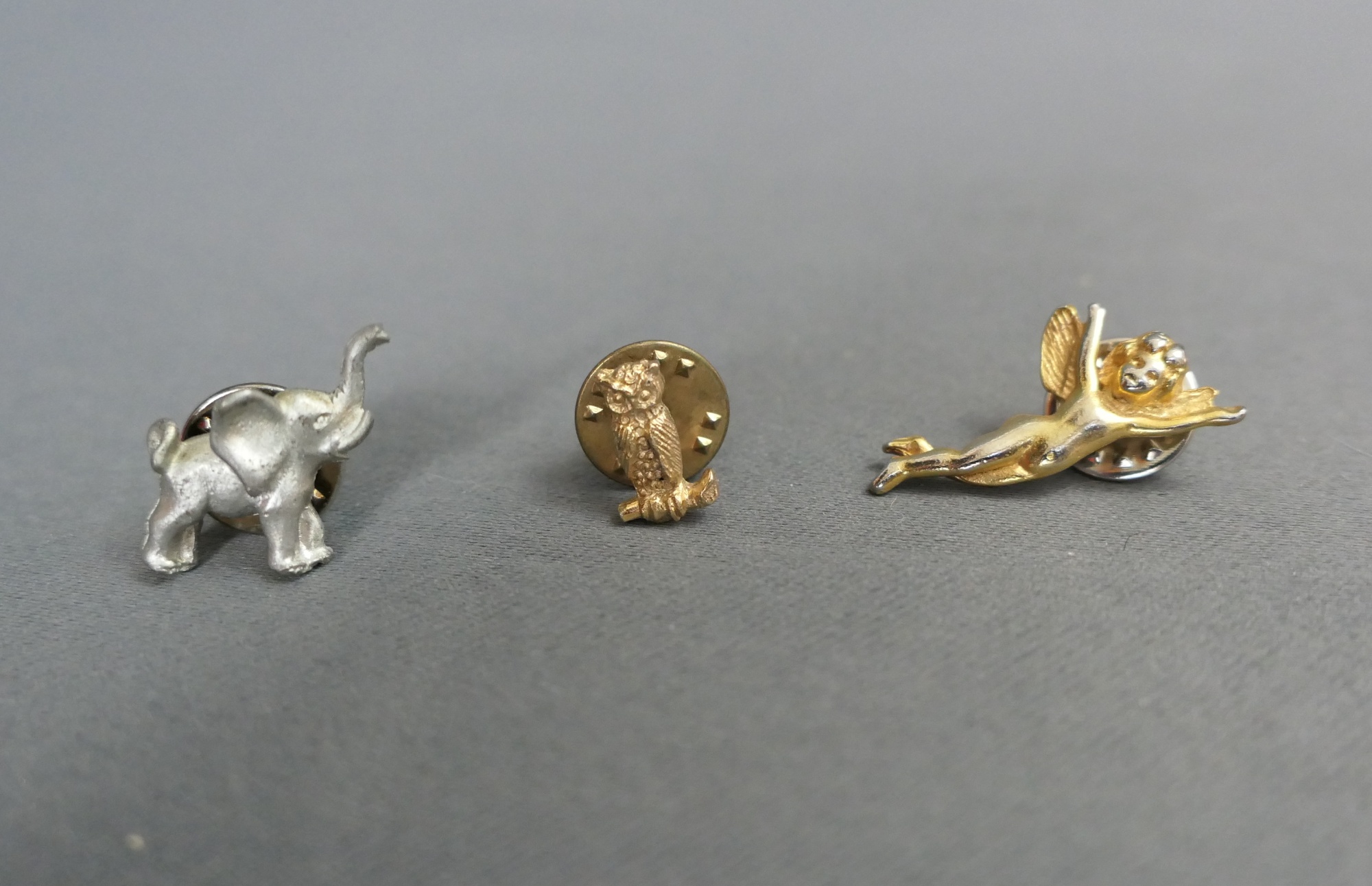 3  Vintage Tie Tack Pins, Elephant, Owl, Flying Angel Cherub, Novelty