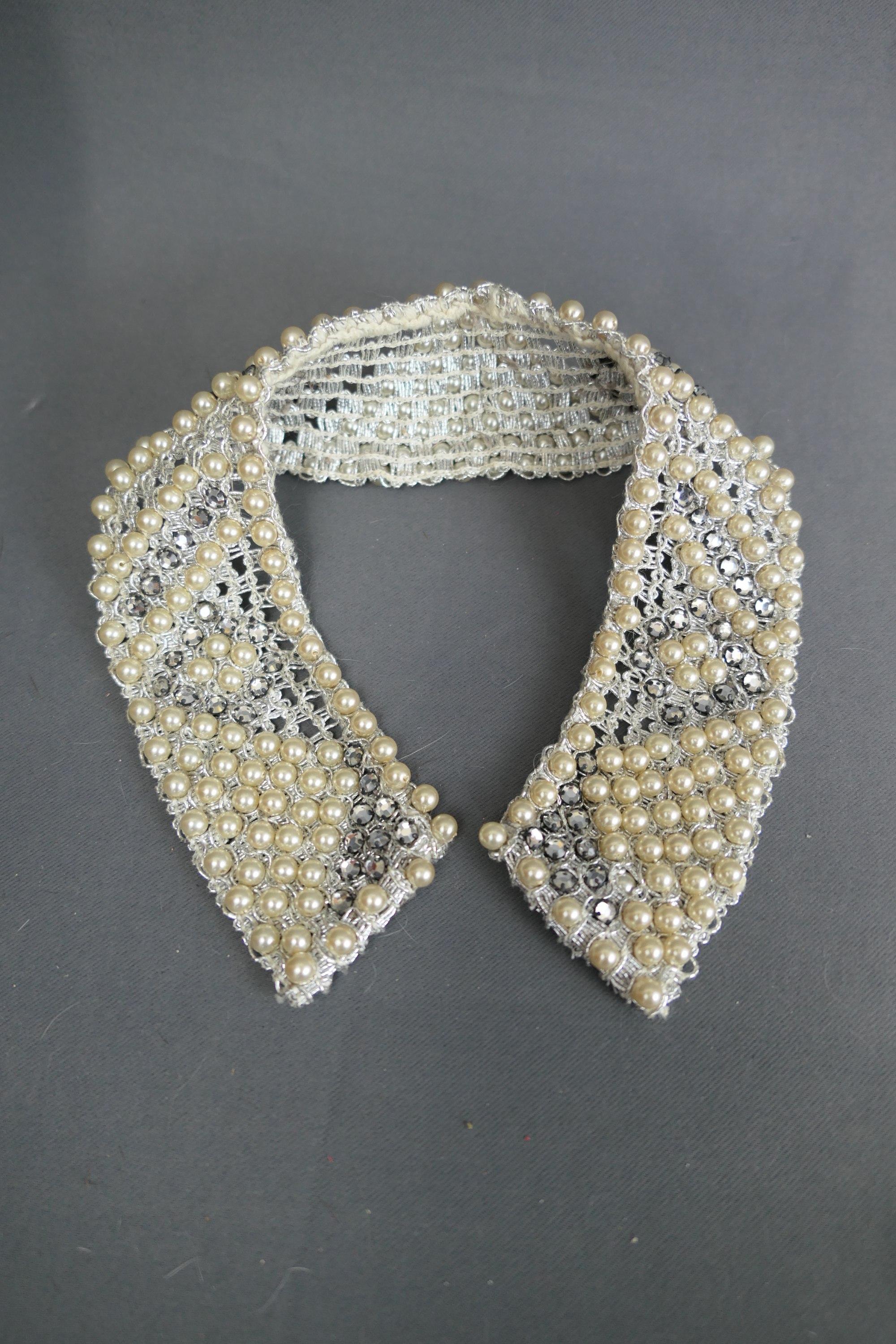 Silver Cord Vintage Collar with Rhinestone & Pearls, 1950s, Sweater or Blouse