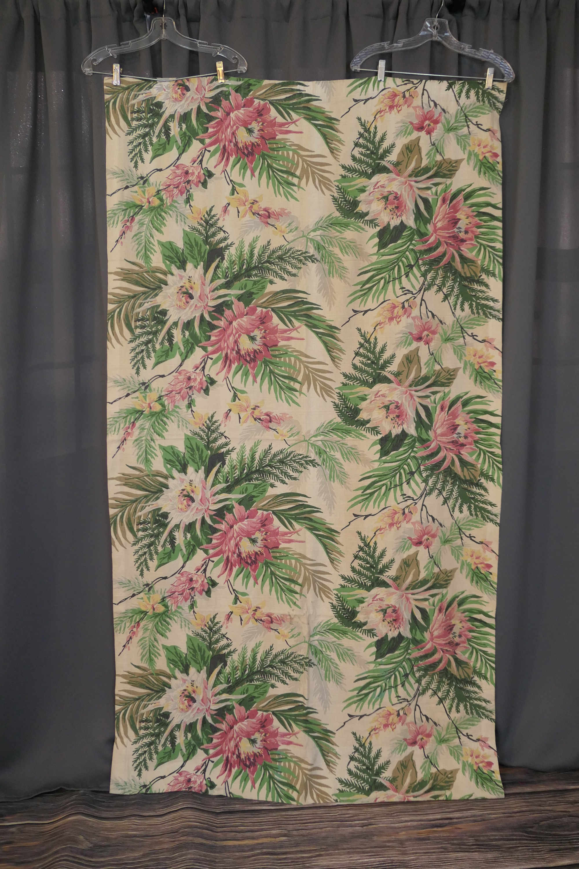 Vintage Floral 1940s Barkcloth Fabric Curtain Panel, 41 x 74 inches, aged, Green & Pink