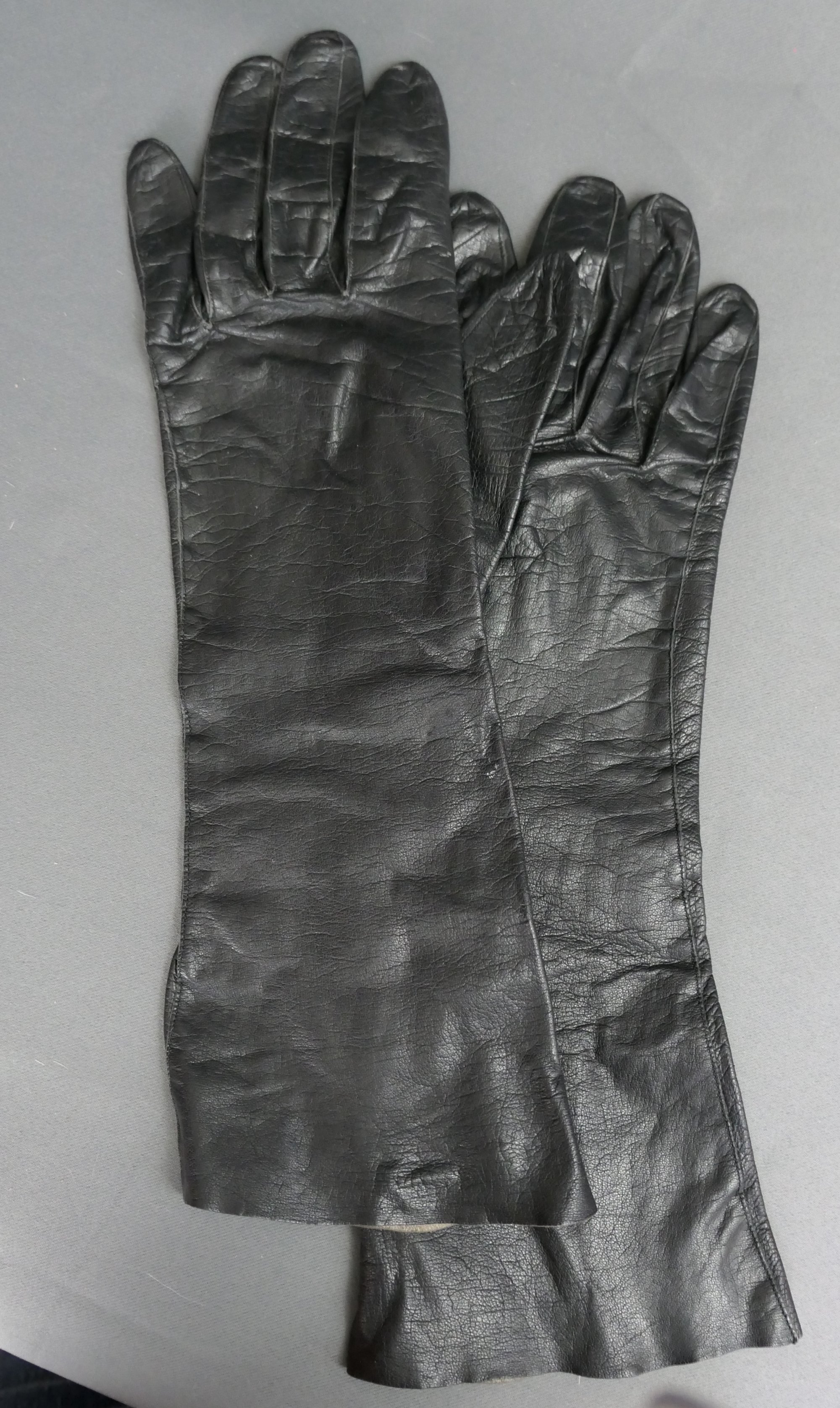 Vintage Black Leather Gloves size 8,  1950s Van Raalte, 13 inches long, some wear