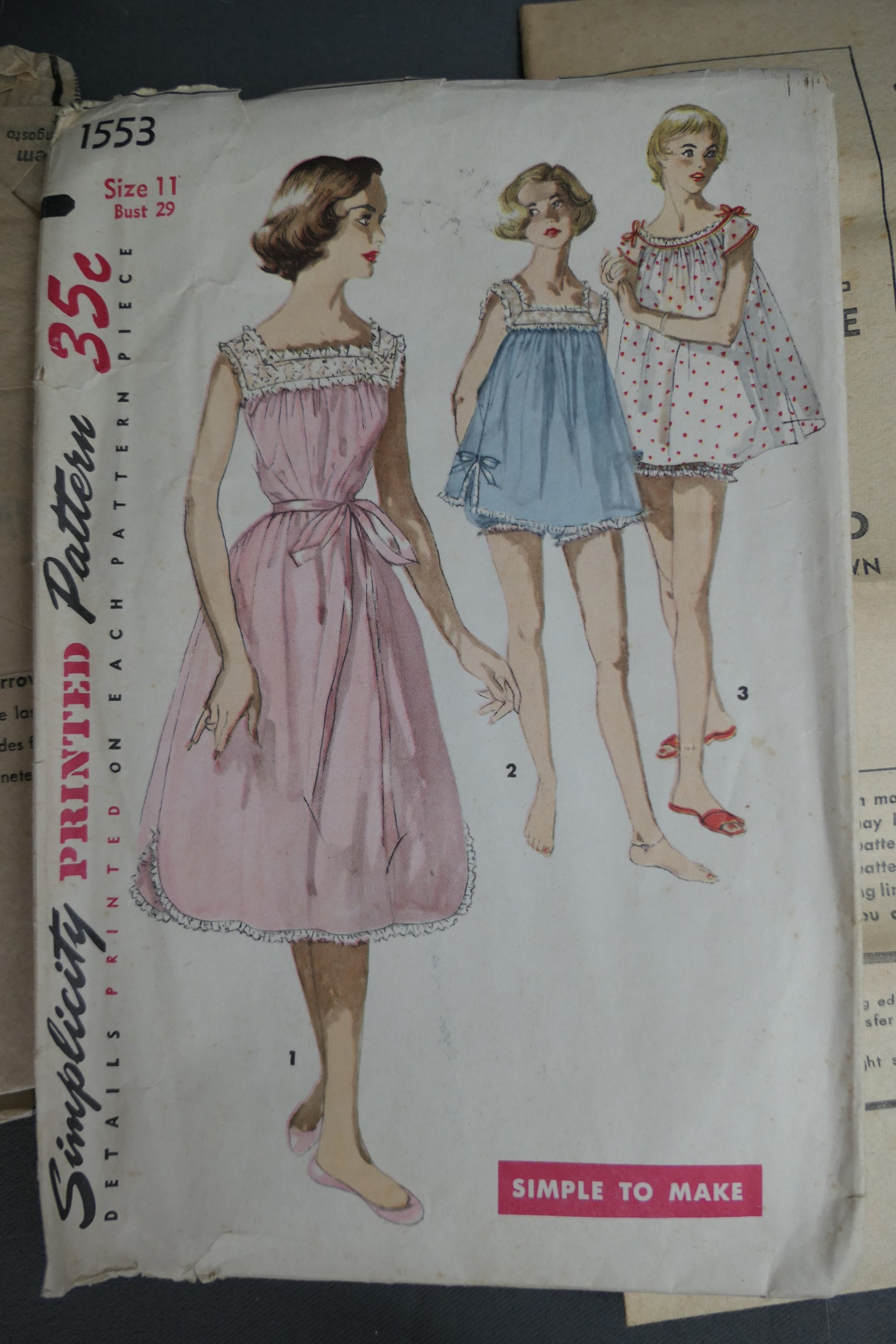 Vintage Shortie Nightgown and Panties Pattern, 1950s  Simplicity 1553 XXS 29 bust