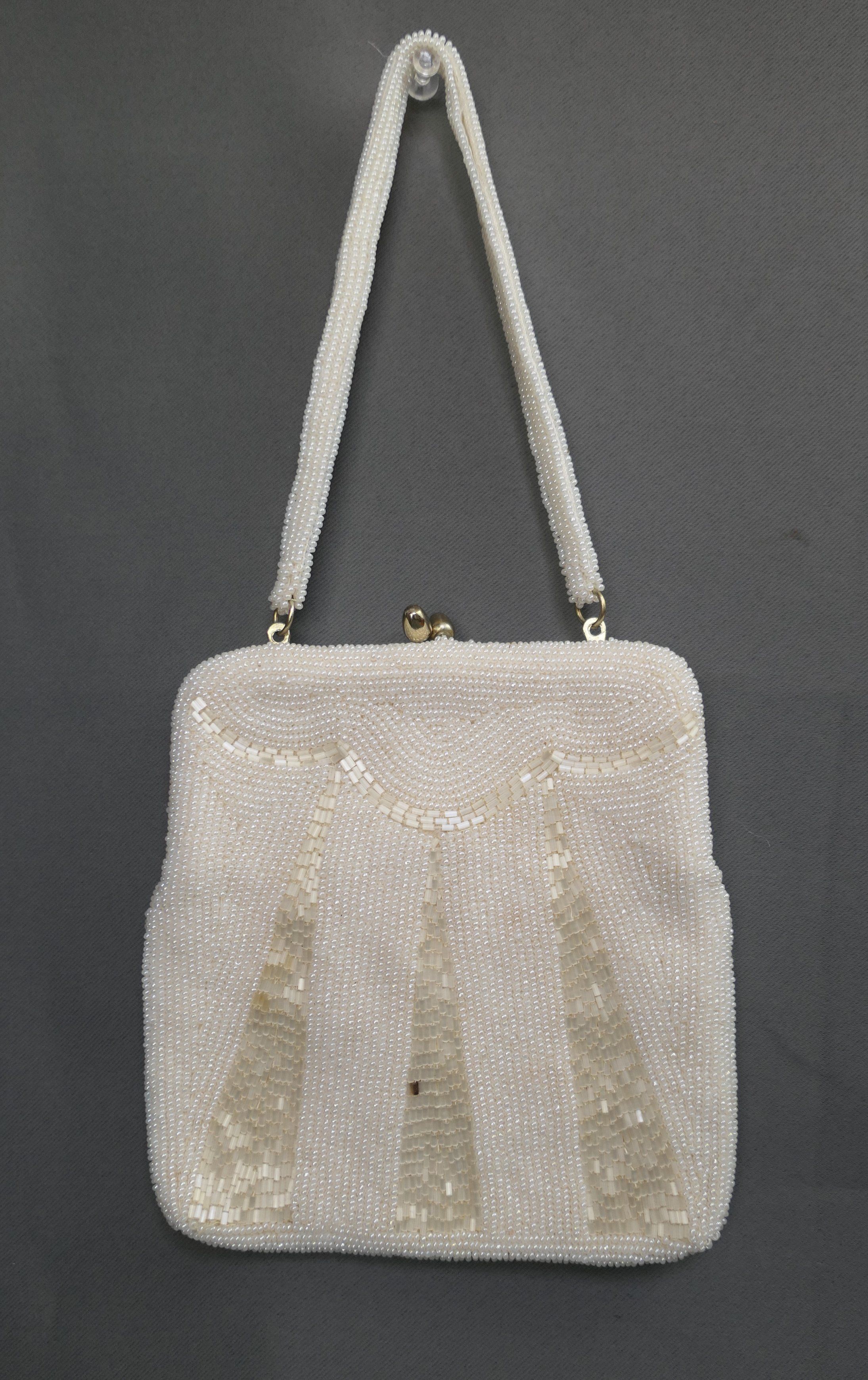 Vintage White Beaded Evening Purse, small 1980s Clutch or Wrist Strap, stain