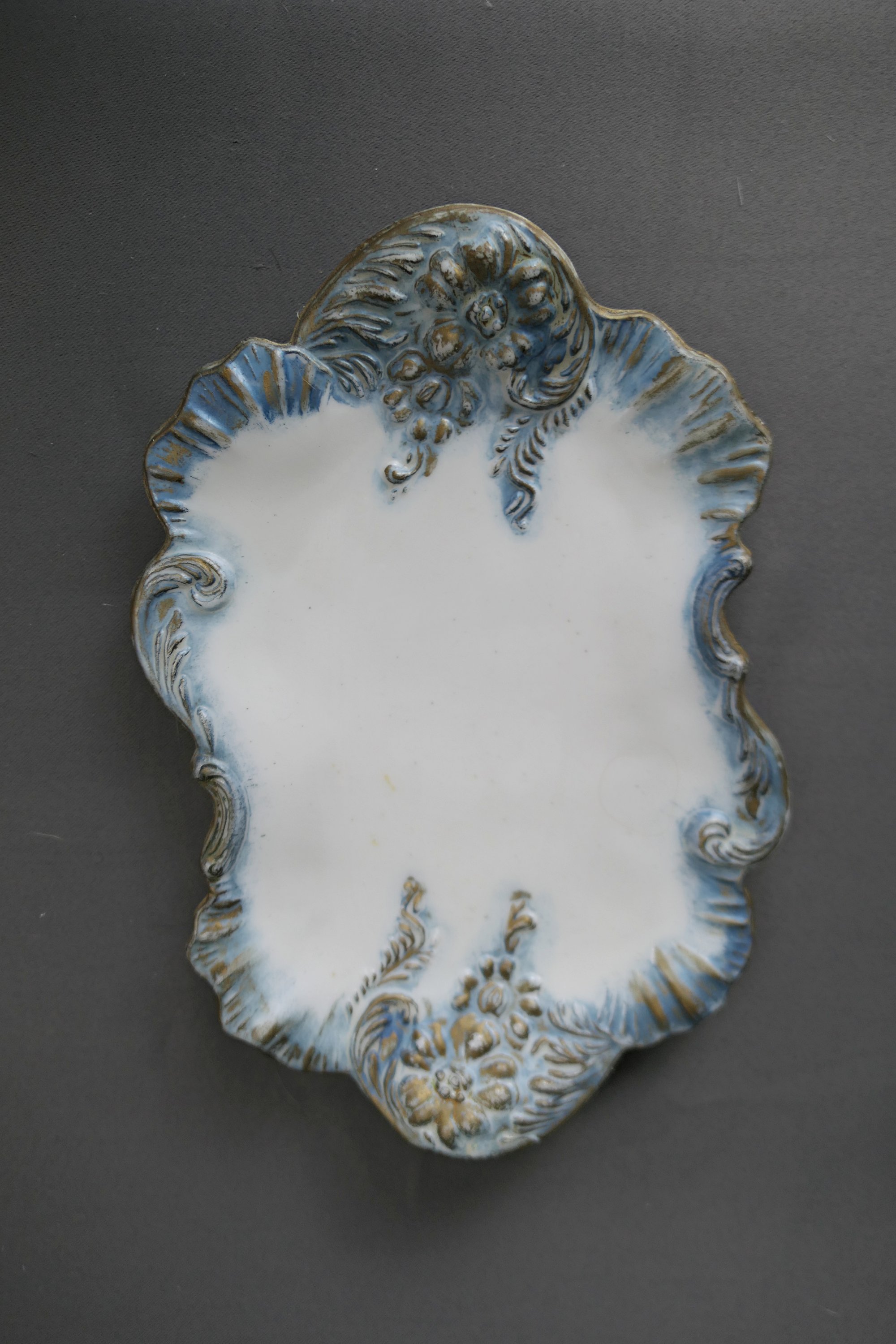 Antique White Opaque Milk Glass Dresser Tray with Blue and Gold Paint, Victorian 1800s, Vanity Dish, issues