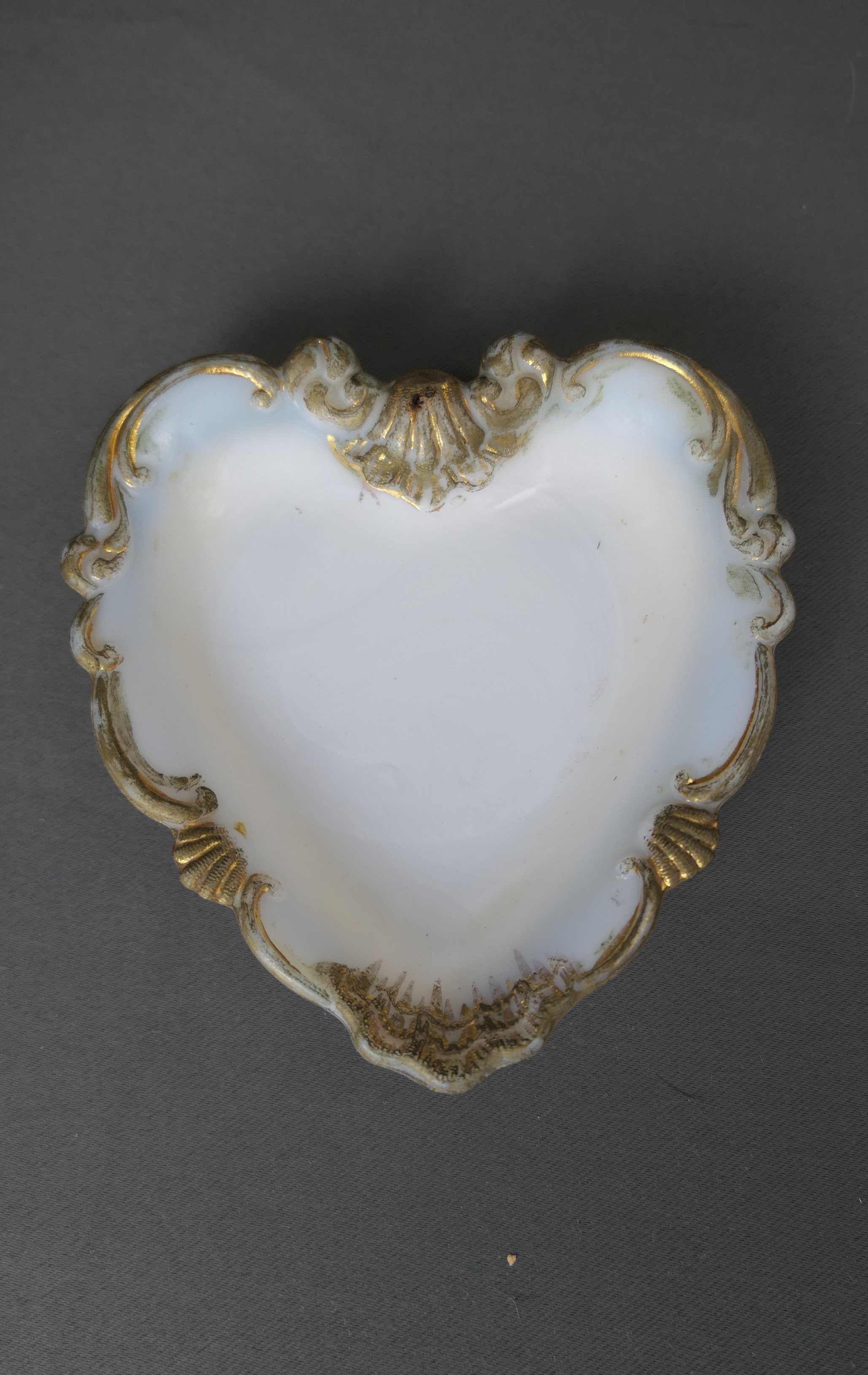 Antique Heart Shaped Trinket Dish, Victorian Milk Glass with Gold Paint, Vanity, 4-1/2 inches