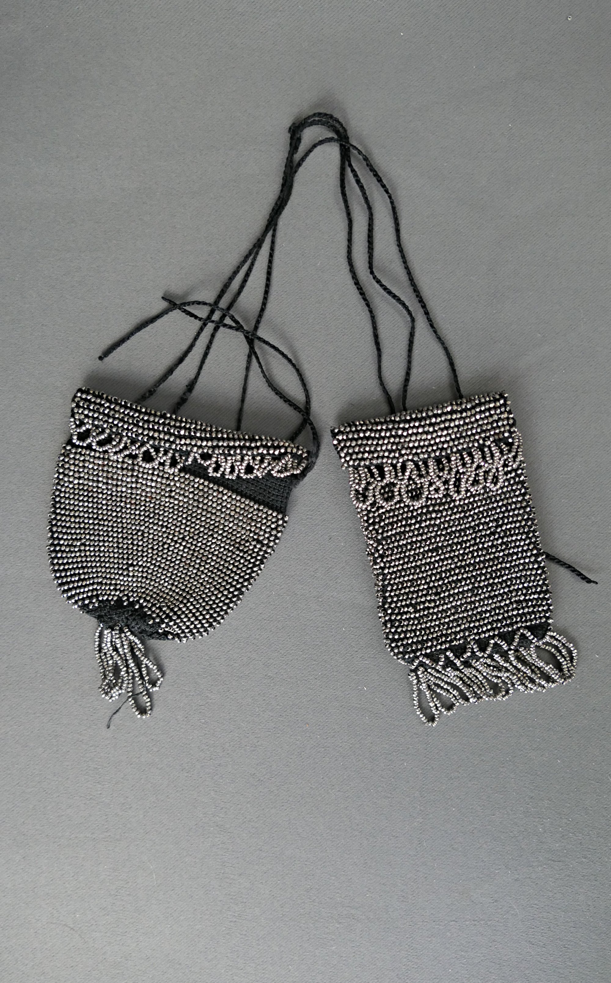 Antique Reticule Miser Purses, Steel-cut Beaded Black Crochet, Victorian 1800s, some issues