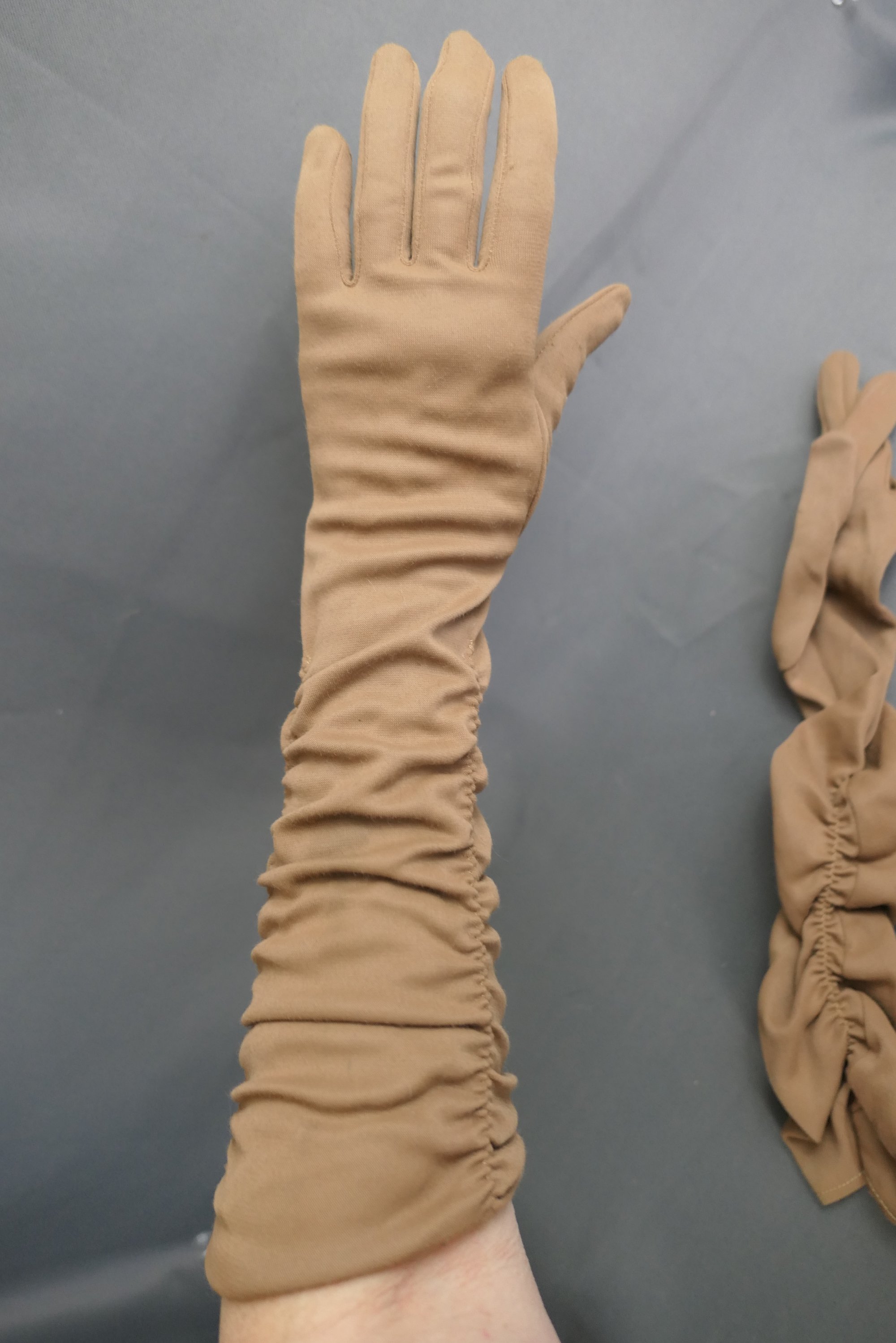 Vintage Shirred Light Brown Gloves, 14 inches long, size 6-1/2, 1960s