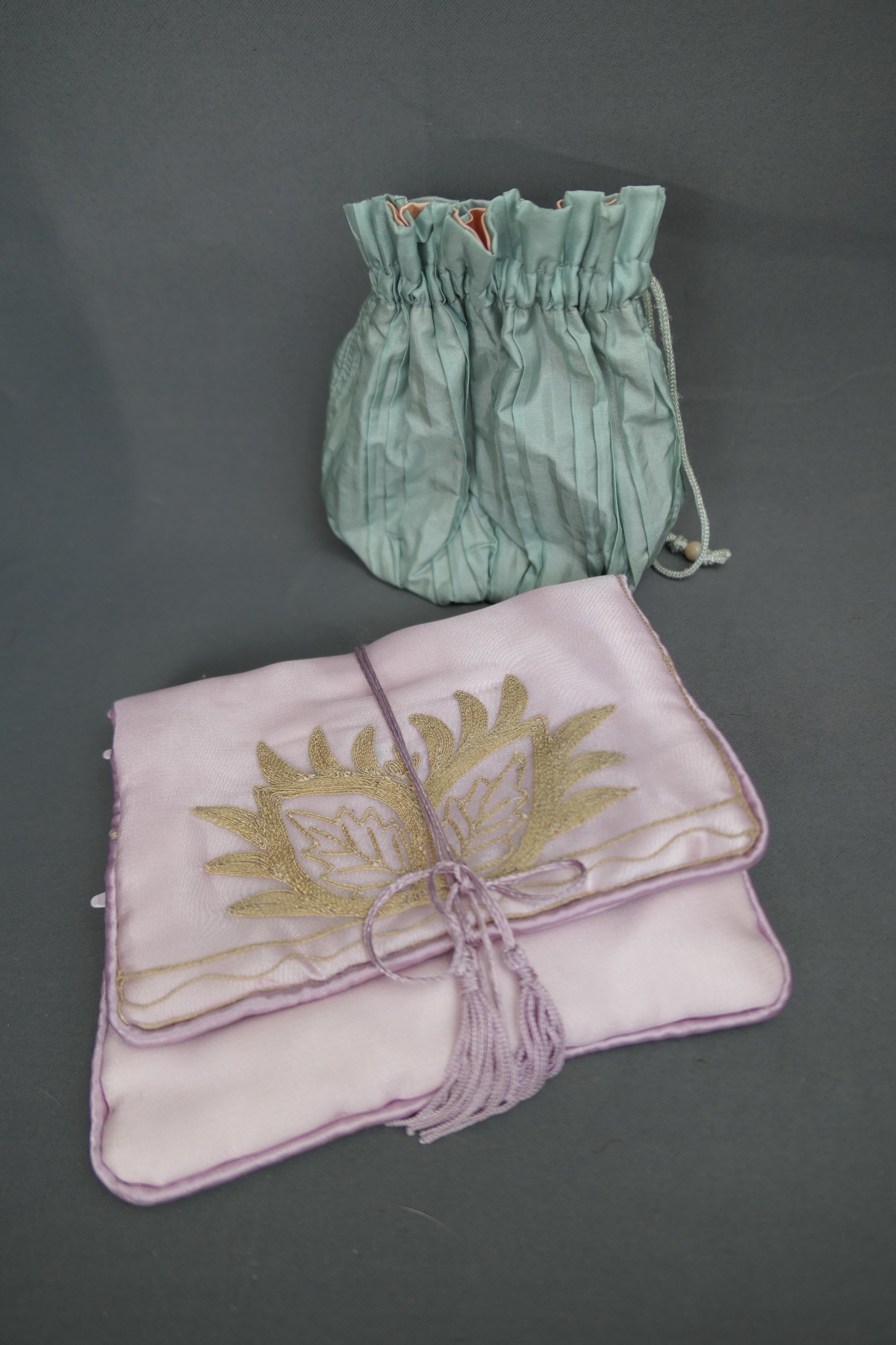 2 Cloth Storage Travel Bags, Mint and Lavender, Vanity Boudoir, Jewelry, Keepsakes