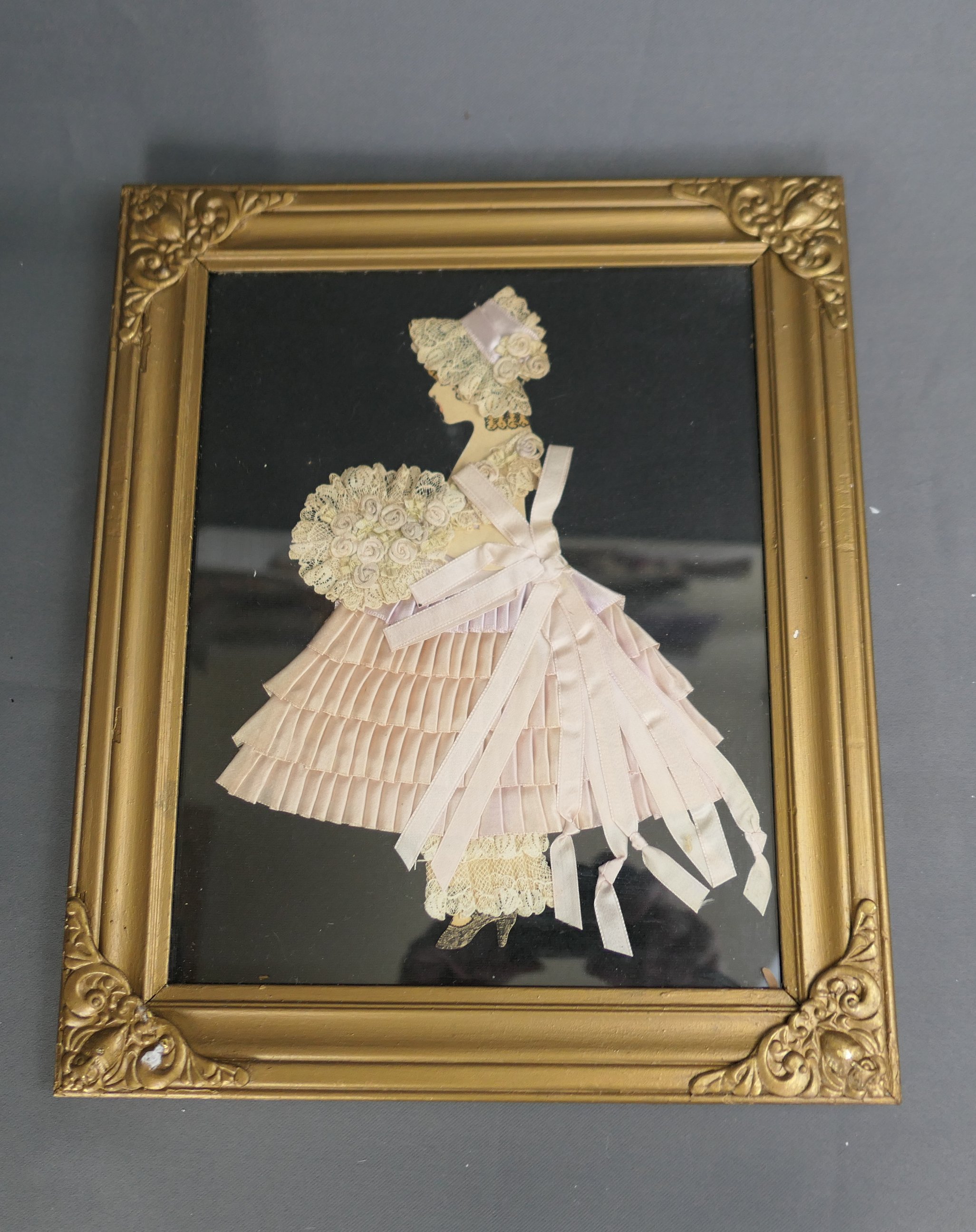 Vintage Dusty Peach Pleated Ribbon Paper Doll 1930s, Gold Frame