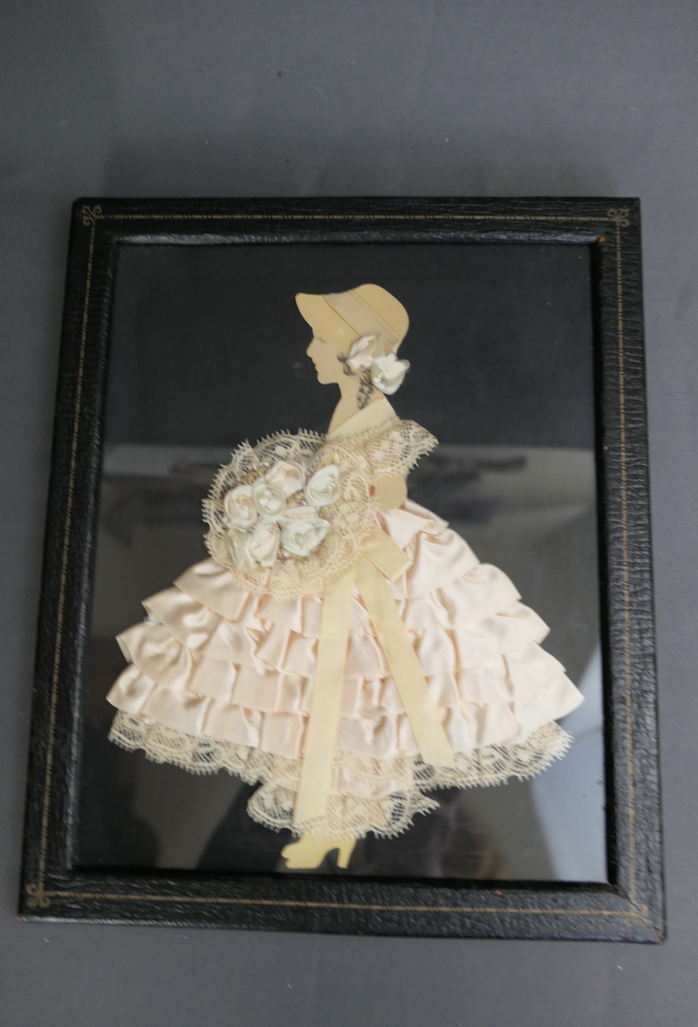Vintage Pale Peach Ribbon Paper Doll 1930s, Full Skirt, Bouquet, Leather Frame, 9x11 inches