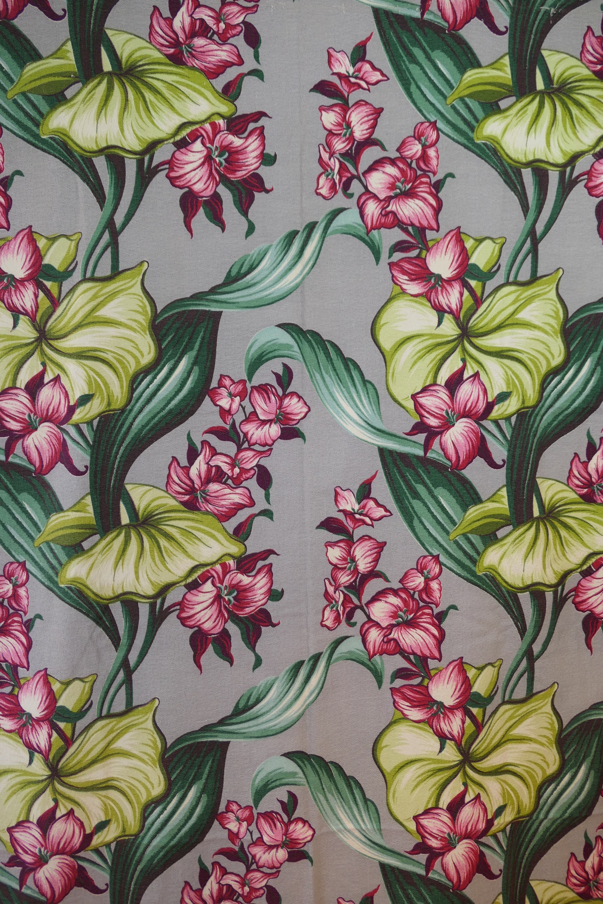 2 Vintage 1940s Barkcloth Fabric Panels Burgundy and Green Floral on Grey 43x88 inches