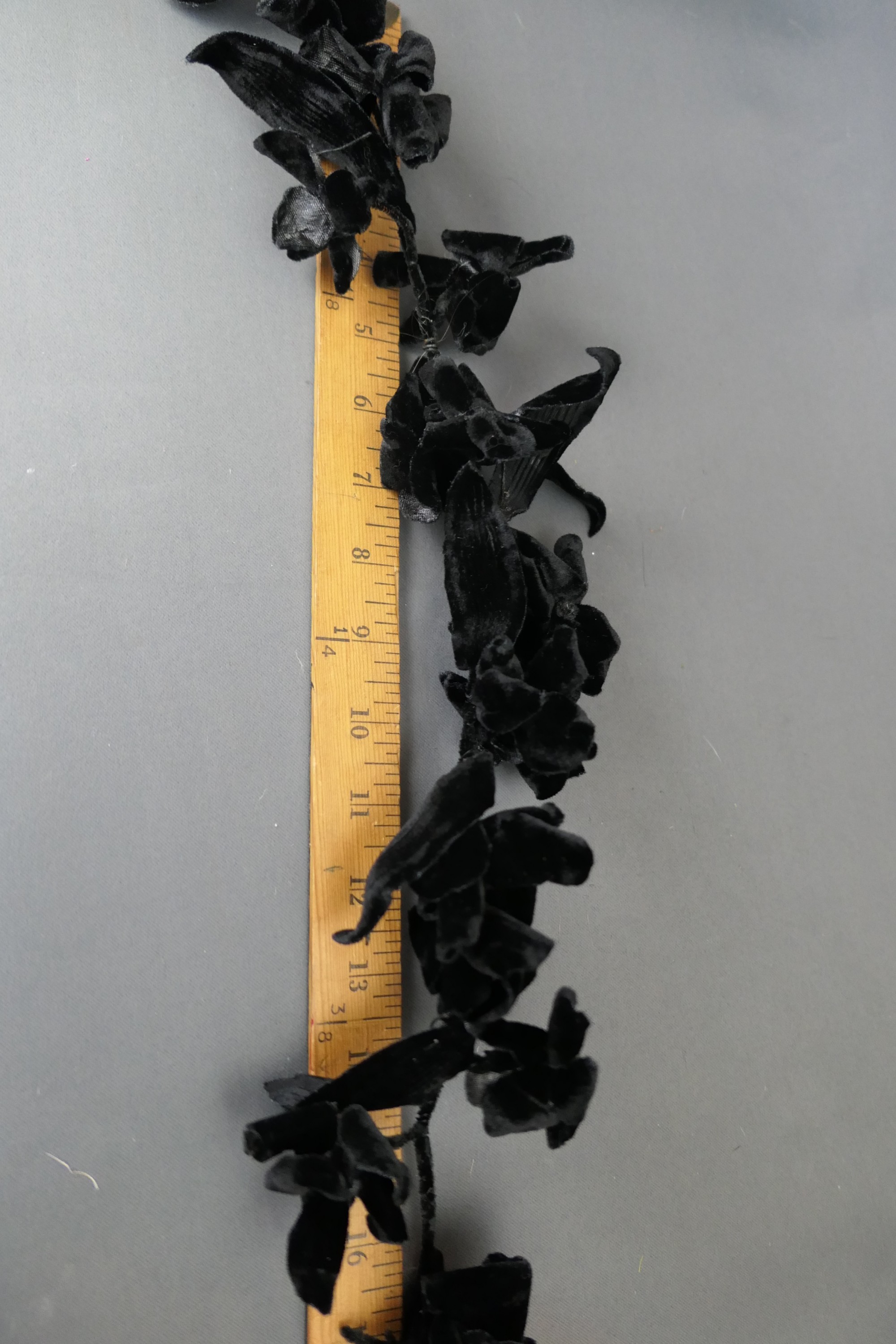 Vintage Black Velvet Millinery Flowers Piece, 16 inches 1950s Hat