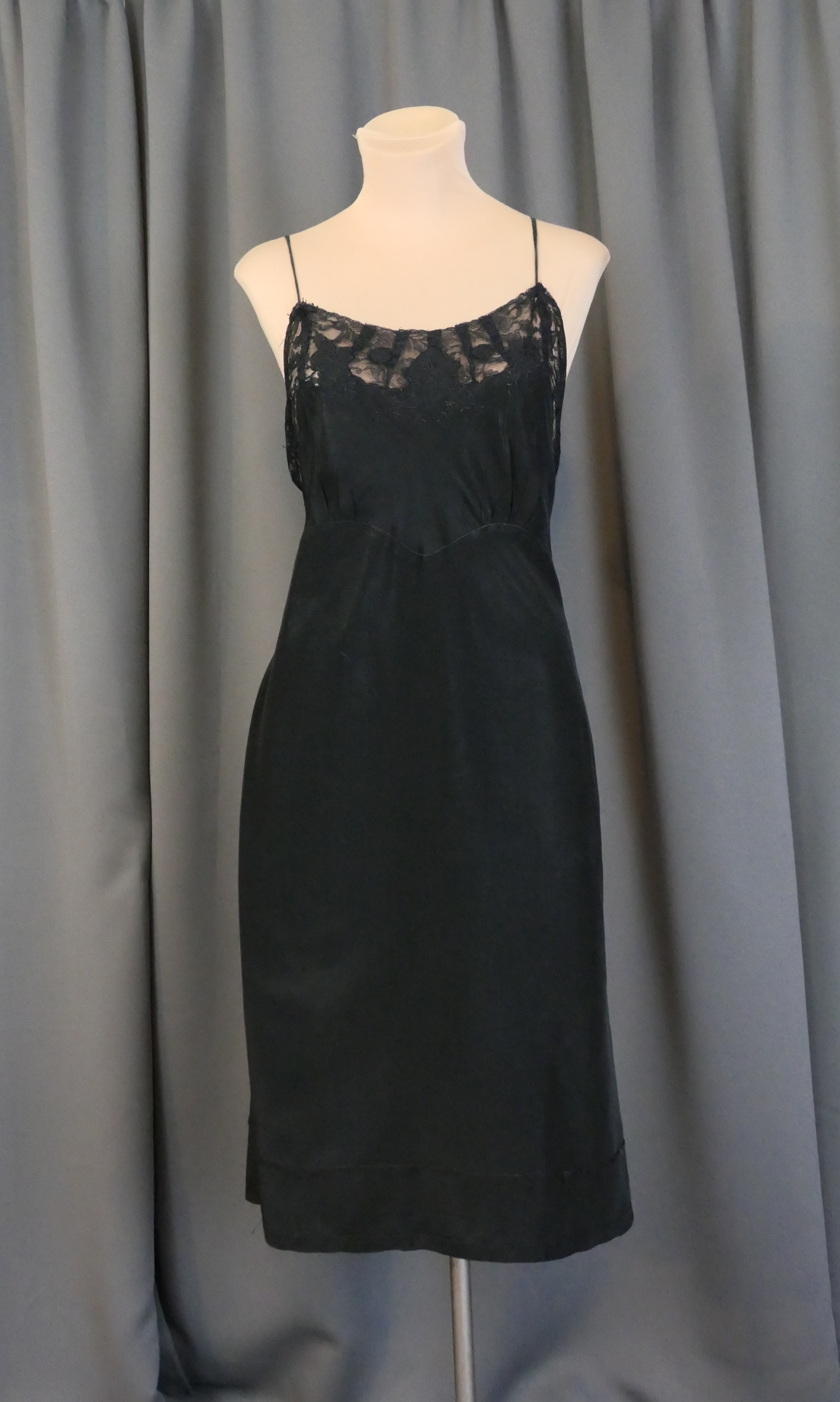 Vintage 1940s Black Rayon Slip, 40 bust, with issues