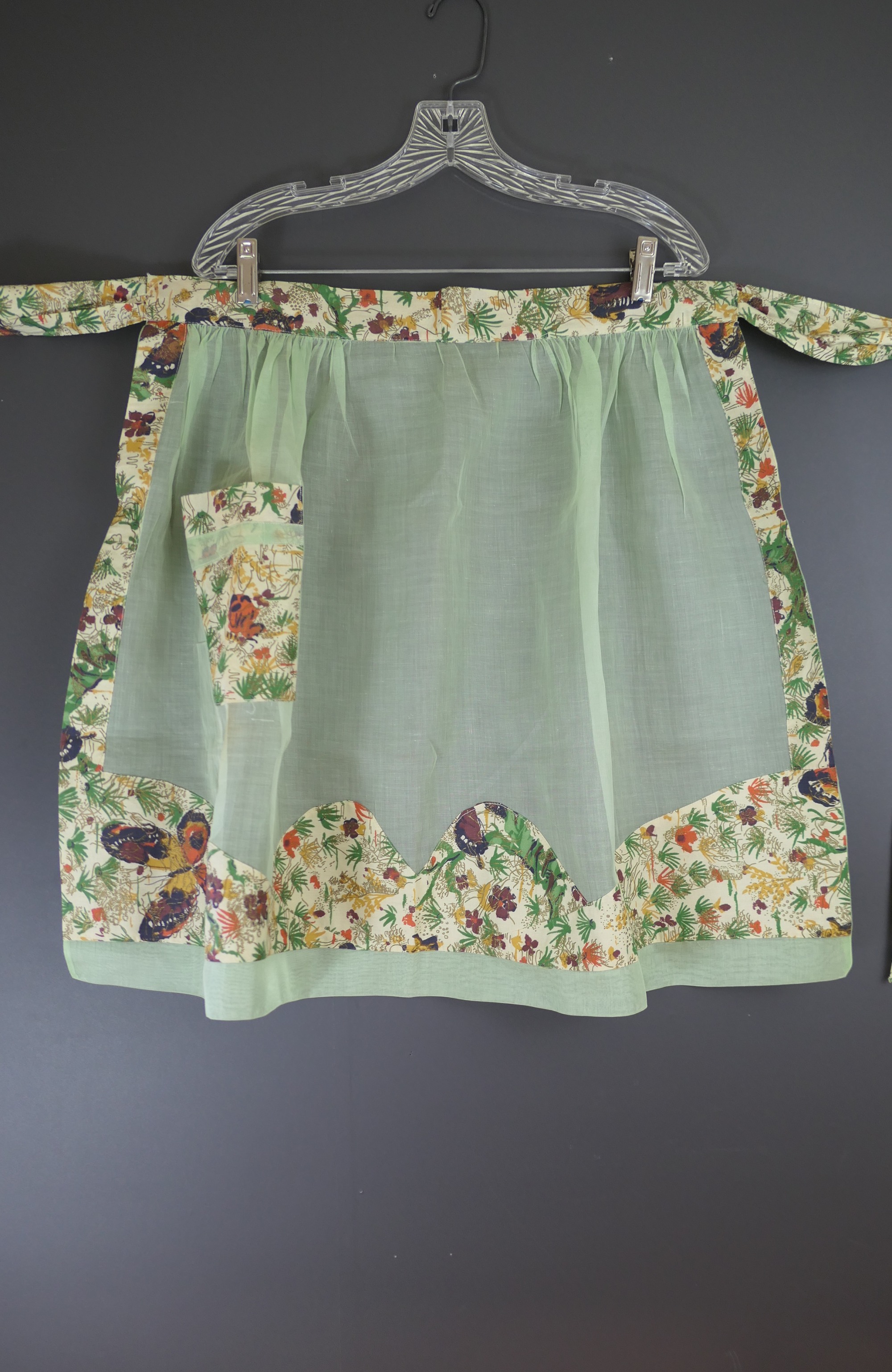 Vintage Sheer Green Apron with Flowers and Butterflies, Gold Details 1950s