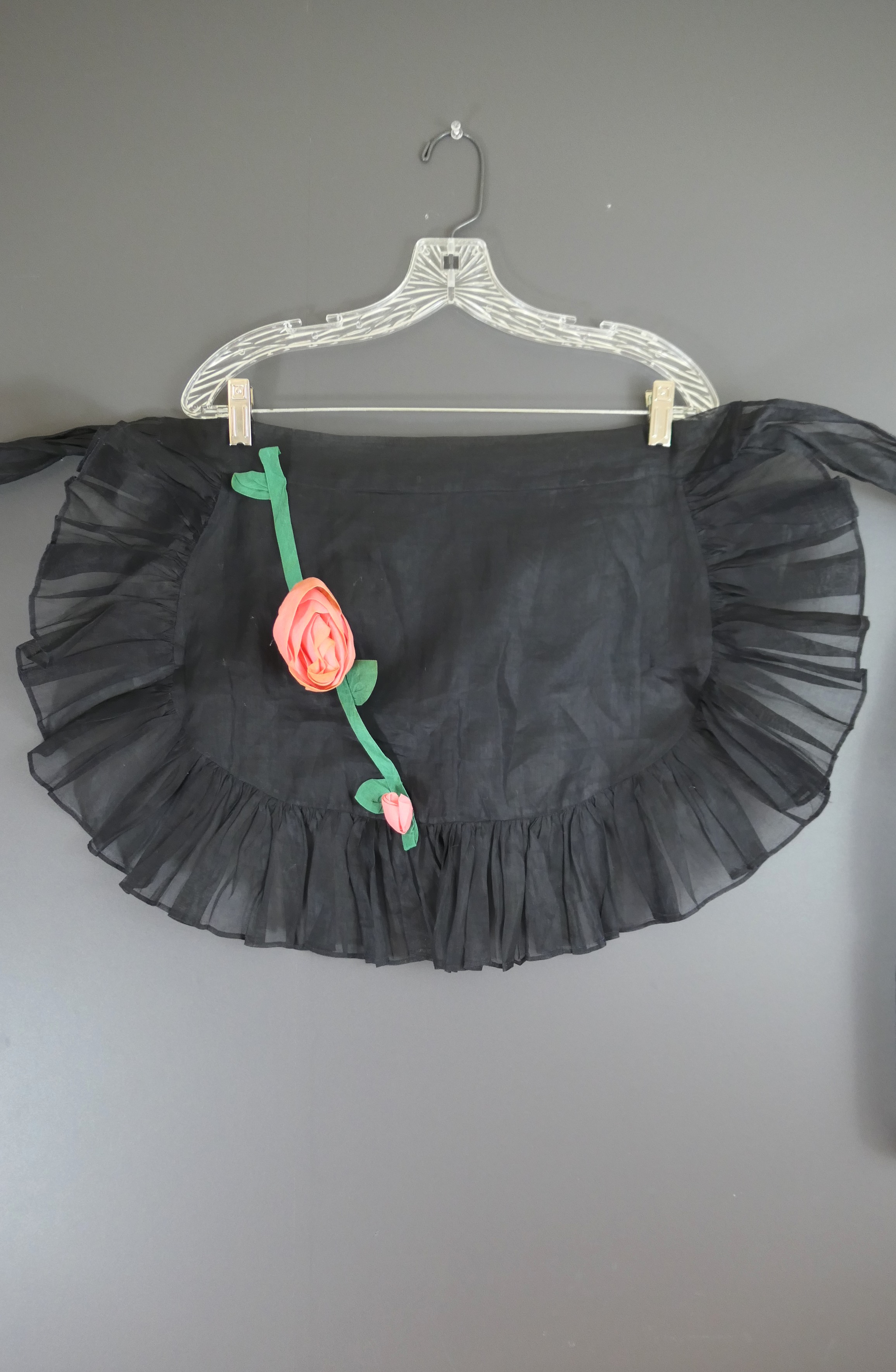 Vintage Sheer Black Apron with 3 Dimensional Applique Rose, 1950s Organdy, issues