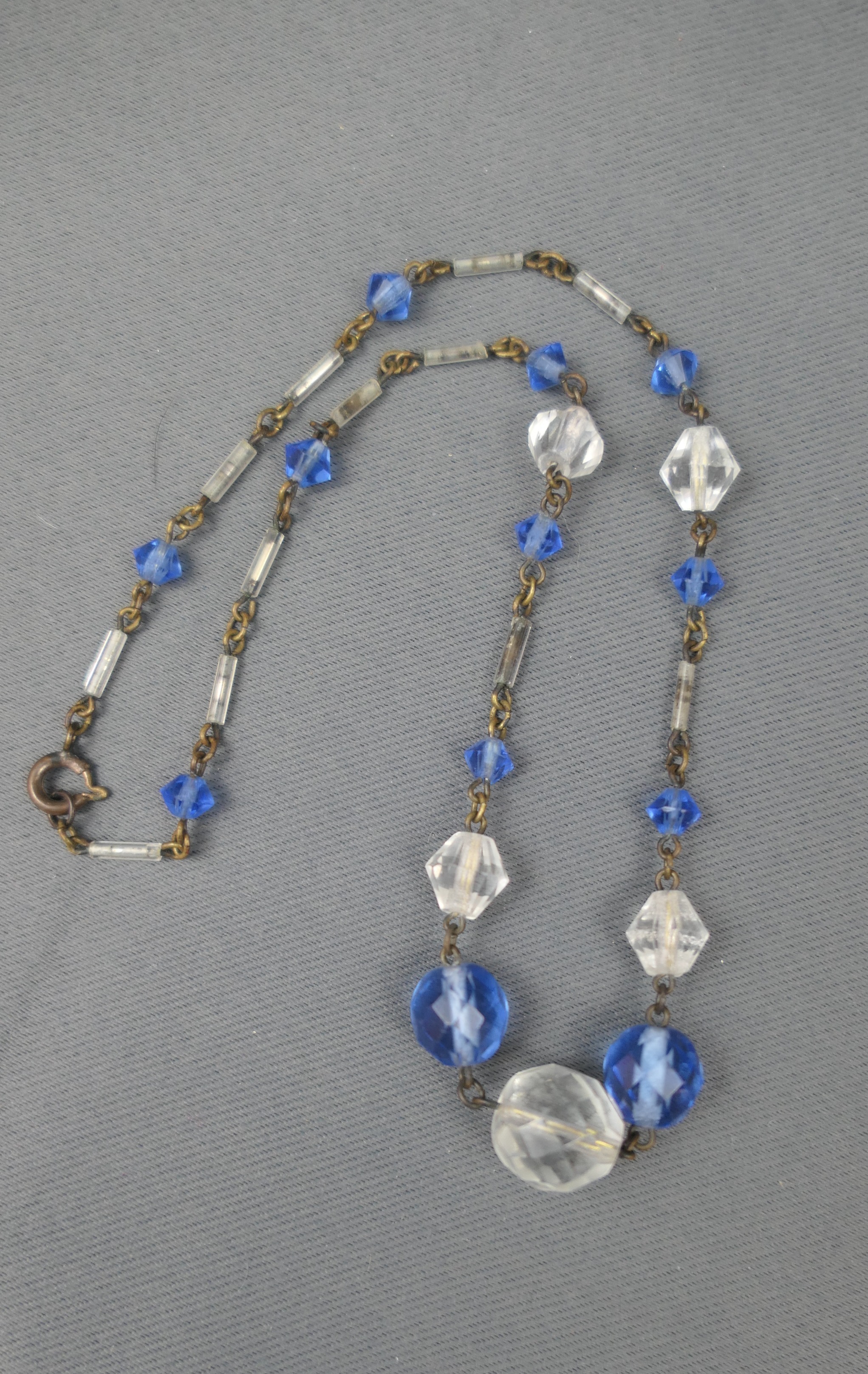 Vintage 1930s Art Deco Blue & Clear Necklace, Faceted Cut Glass Beads, Choker