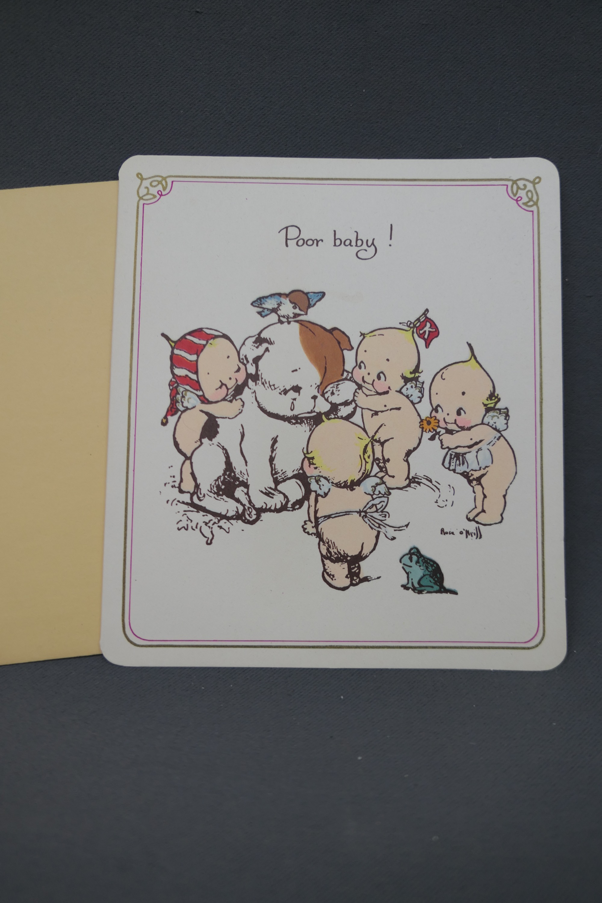 Vintage Rose O'Neill Kewpies Get Well Greeting Card with Kewpie Doodle Dog, envelope, 1970s