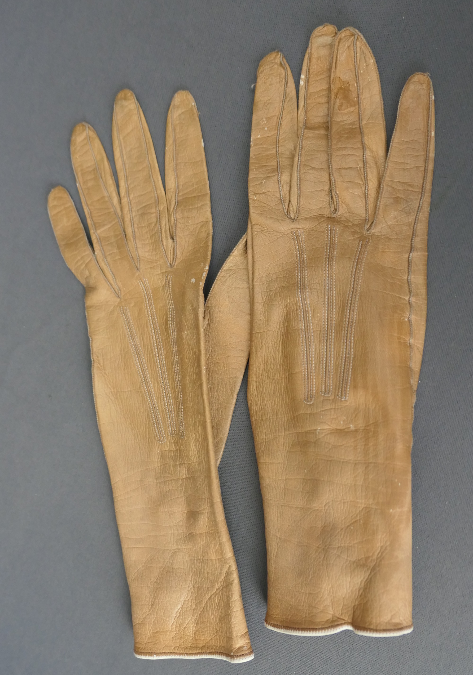 Antique Edwardian Tan Leather Gloves, XXS size, damaged