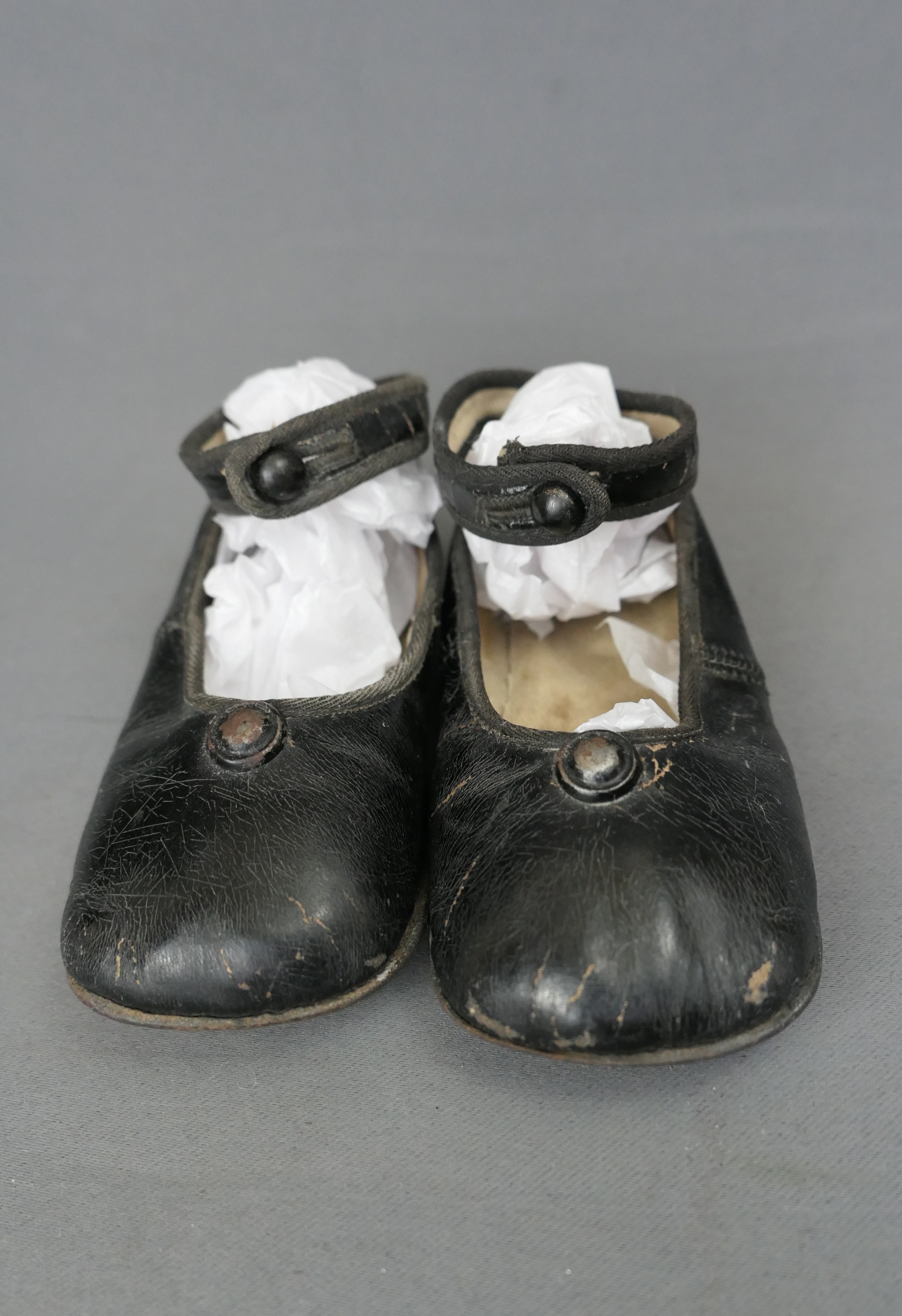 Vintage Little Girl Black Shoes with Straps 1920s, 5 inches, issues, large doll