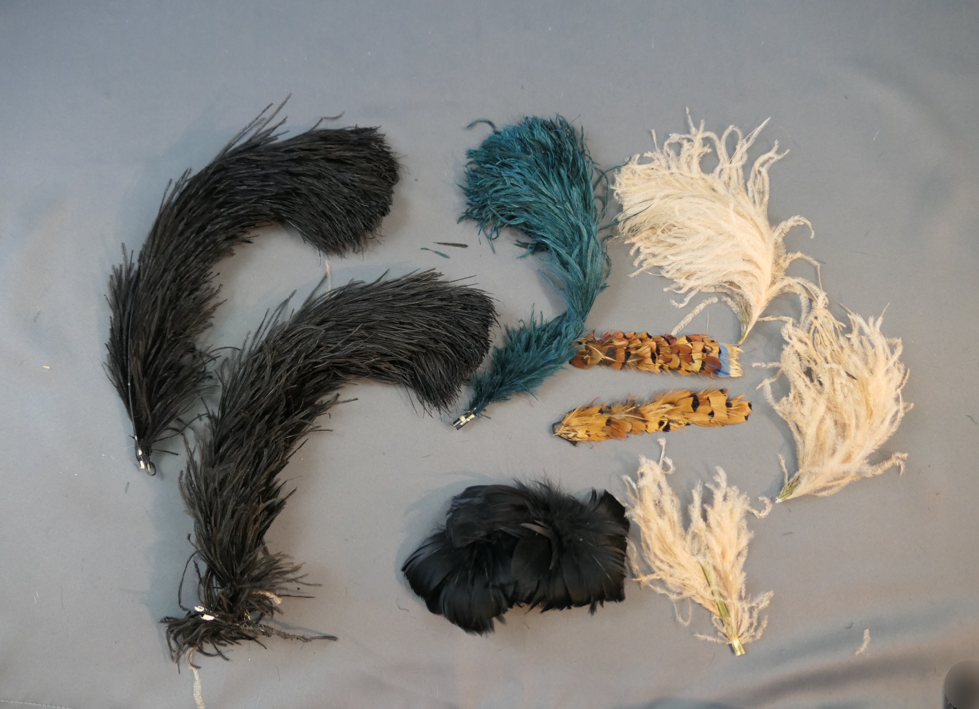 Lot of Vintage Millinery Feathers Black Plumes, Green, Pink and Pheasant