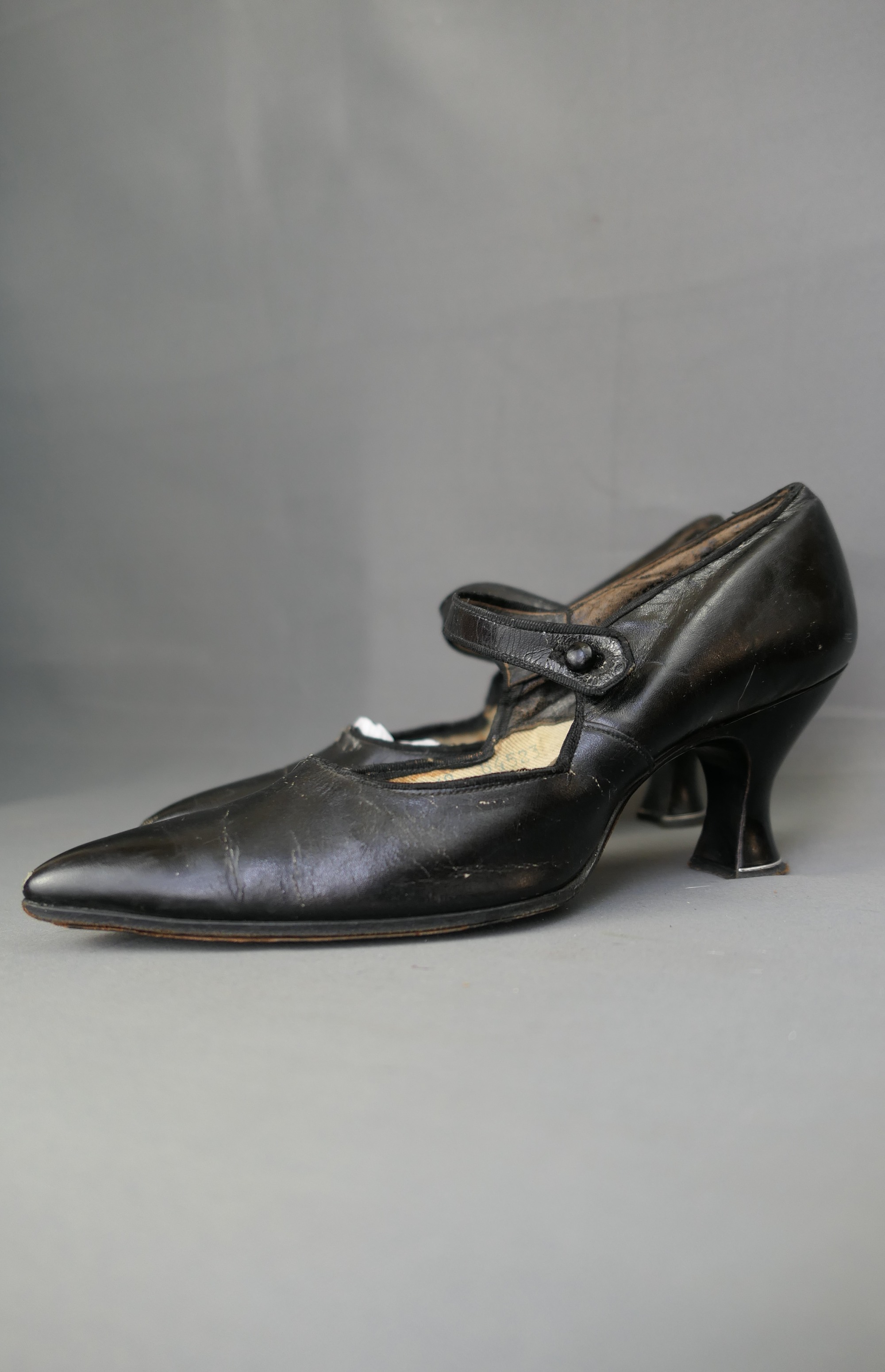 Vintage Edwardian Black Shoes, Pointed Toe, Mary Jane Straps, 1900s, issues