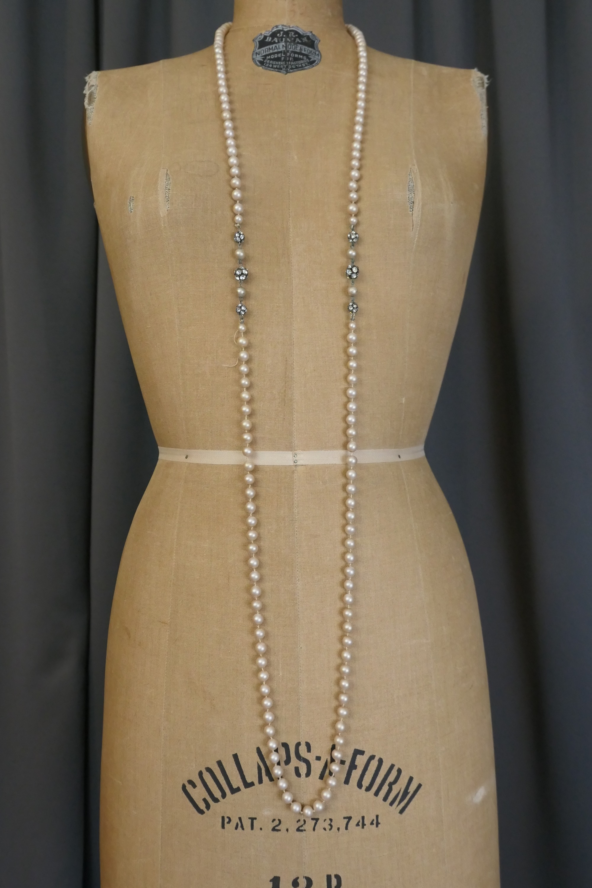 Vintage Long Faux Pearl Necklace with  Rhinestones 1920s 1930s, 60 inches