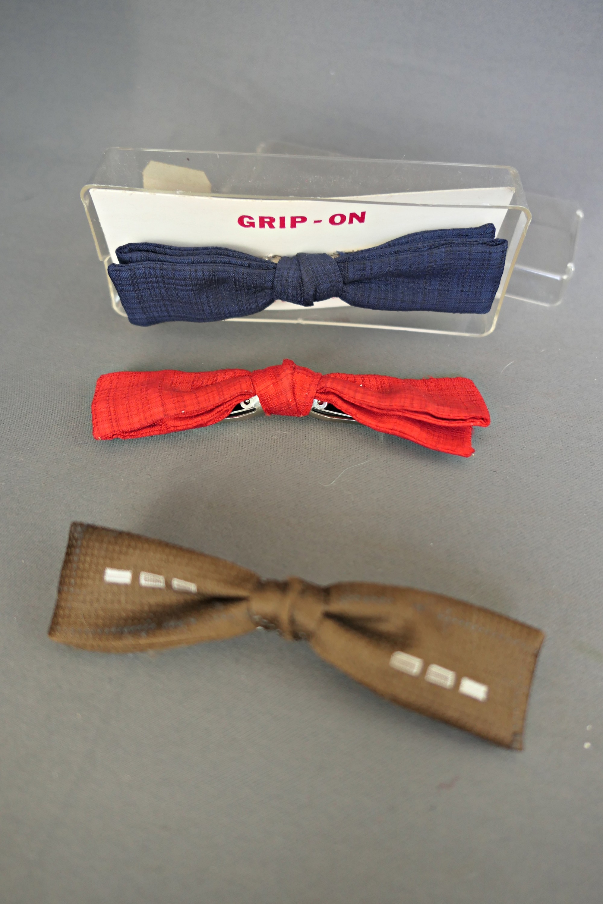 3 Vintage Clip On Men's Bow Ties, 1960s, Blue Red & Brown