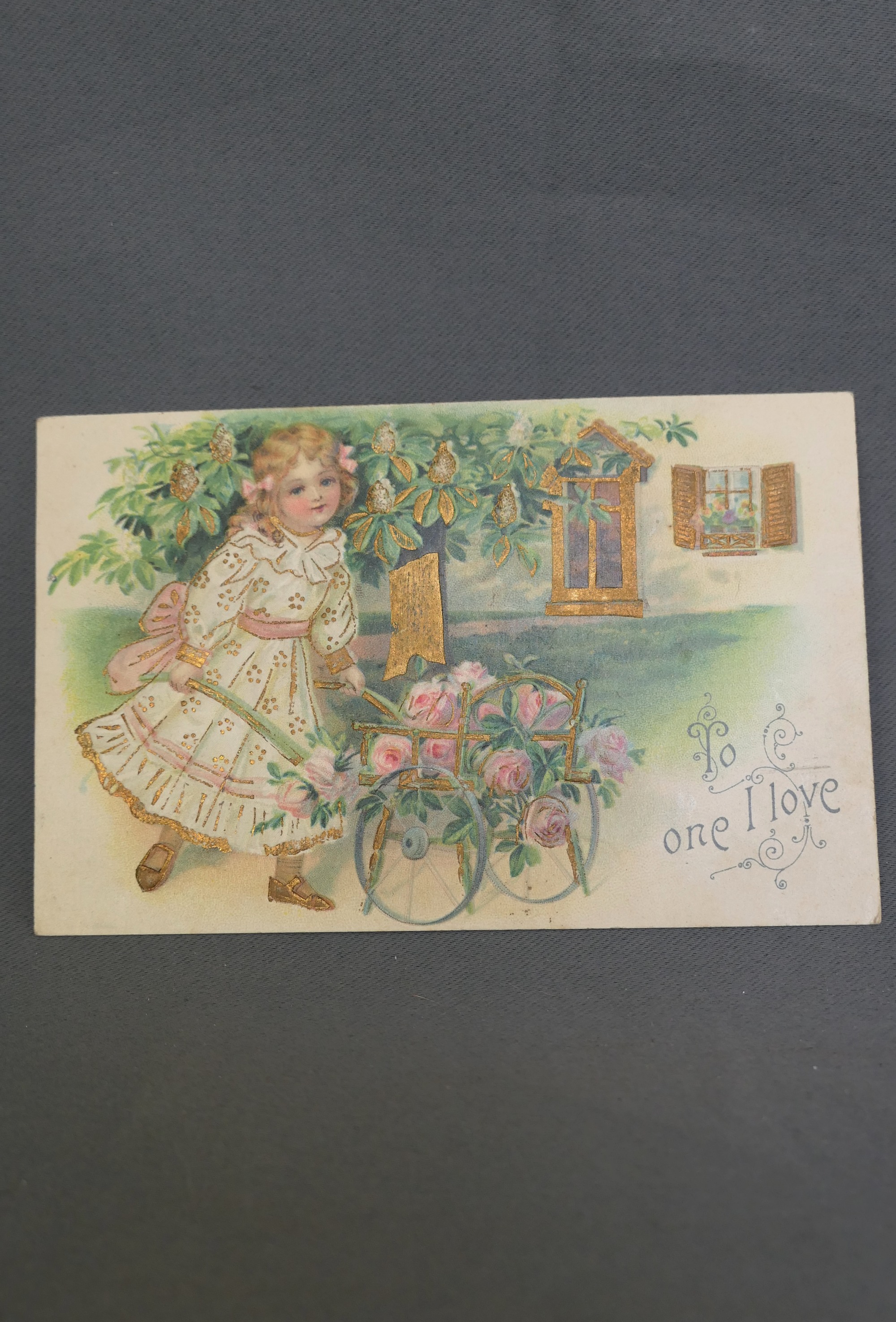 Vintage Valentine Postcard Embossed Gold Girl and Flower Cart, 1907 Germany
