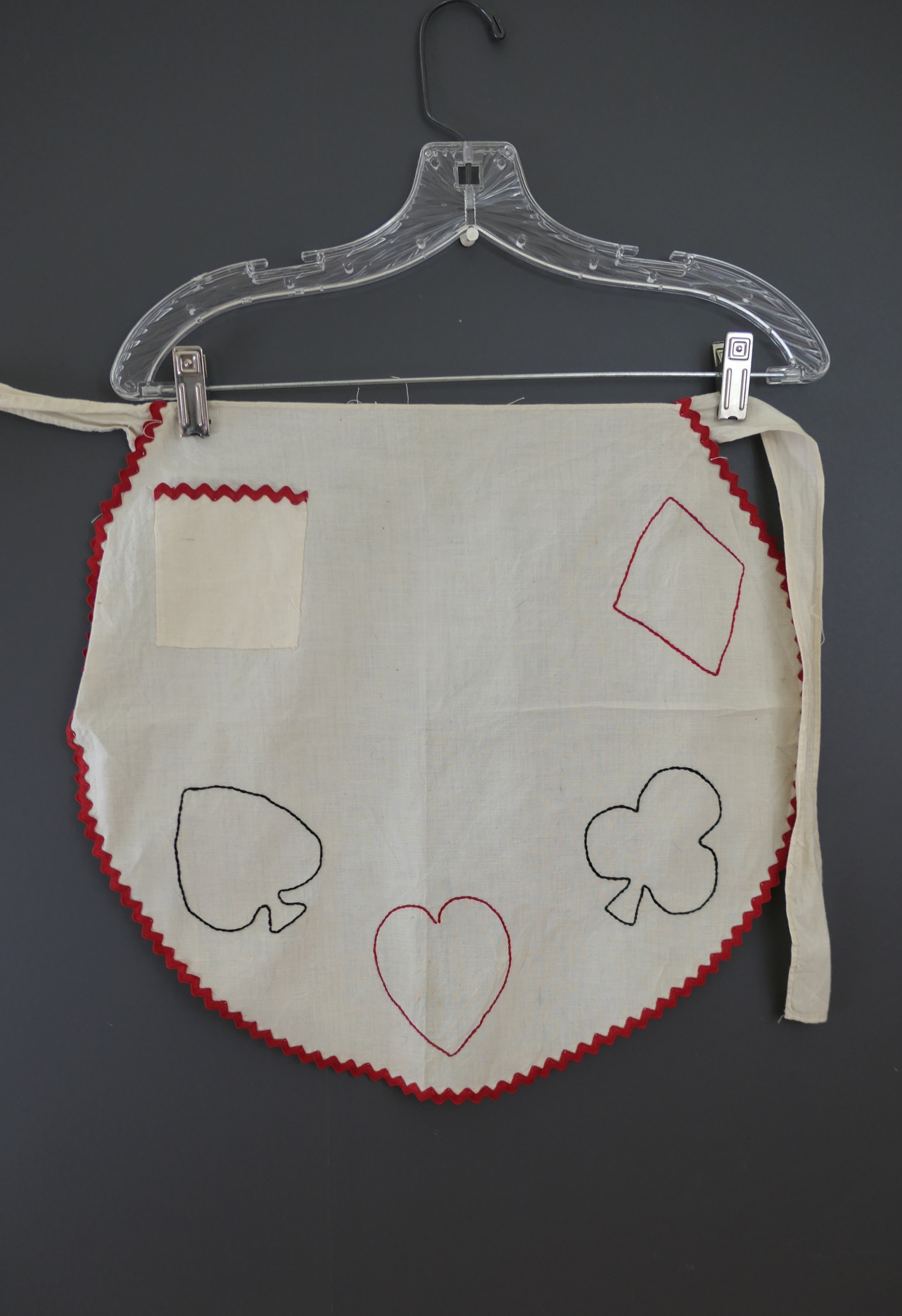 Vintage Embroidered Card Suits Apron, small 1940s Muslin