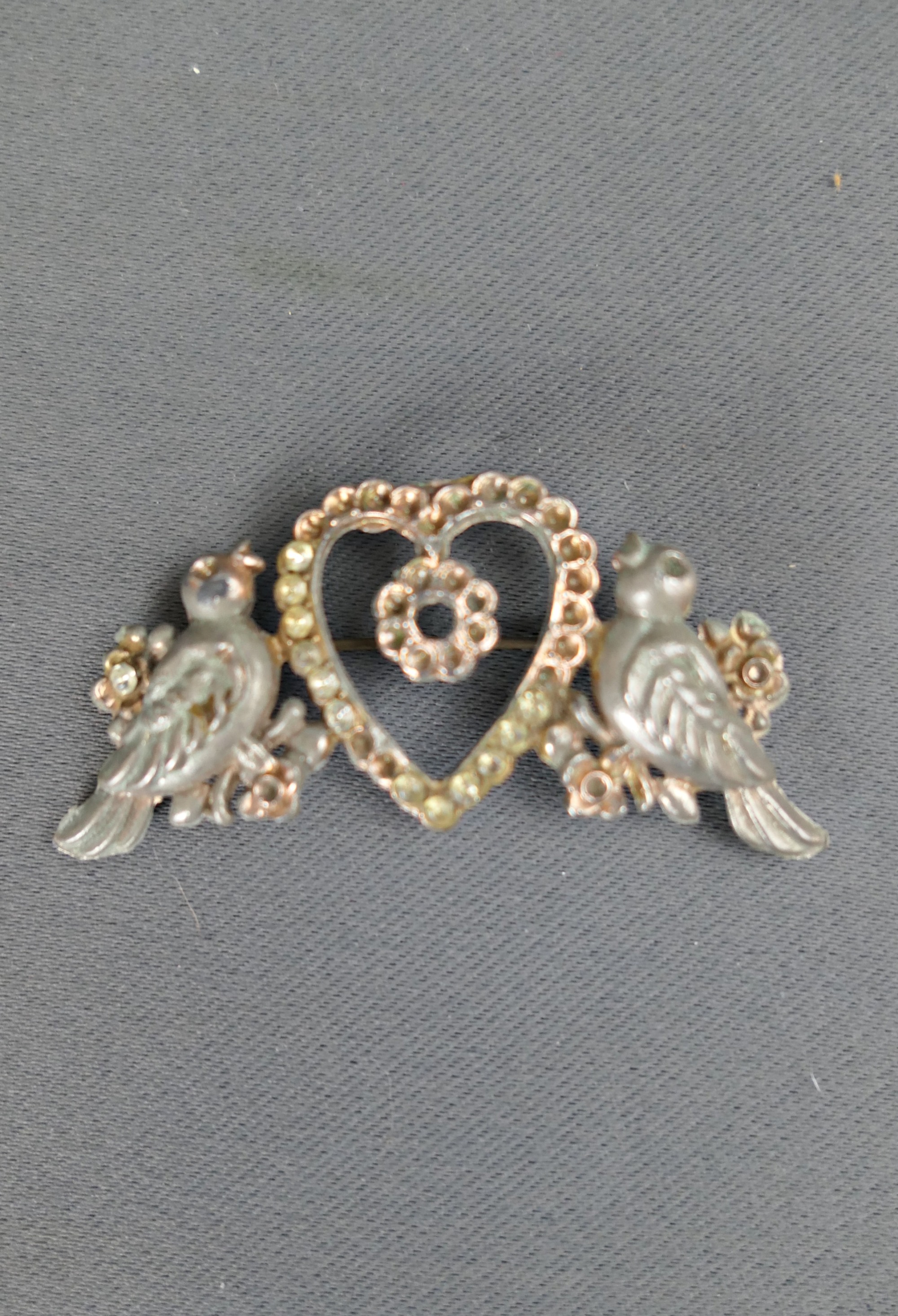 DAMAGED Love Birds & Heart Brooch, 1930s, missing stones, repair restore