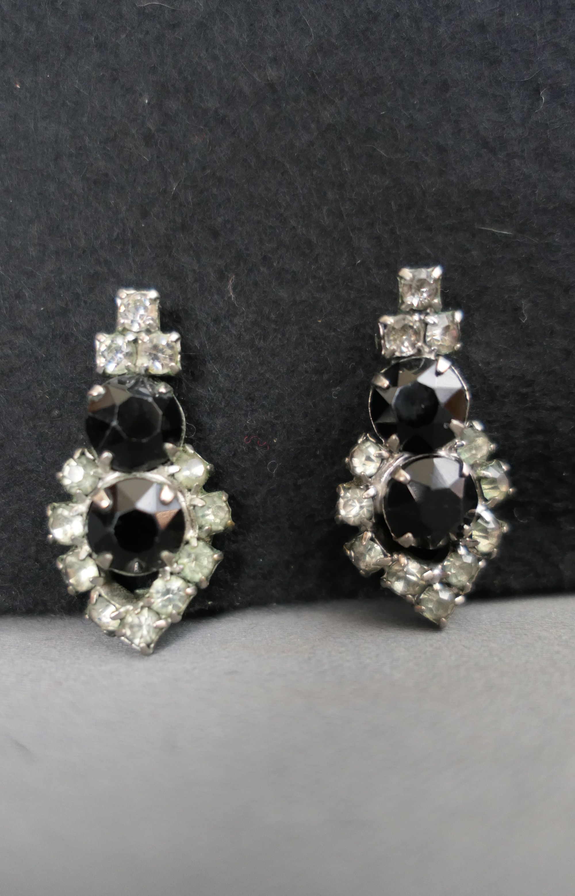 Vintage Black and Rhinestone Earrings, 1950s Clip on, Evening