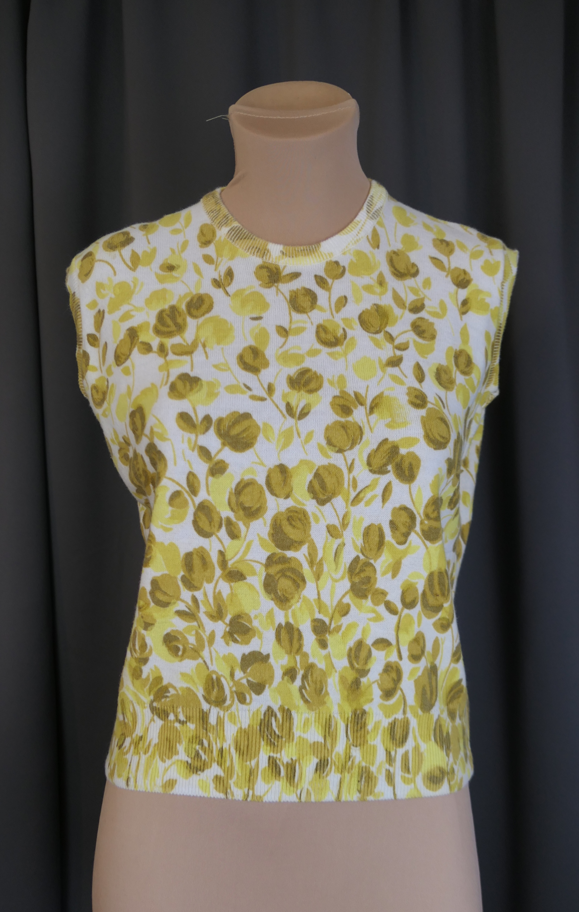 Vintage Yellow and Gold Floral Sweater, Sleeveless Orlon Knit, 1960s, 36-38 inch bust